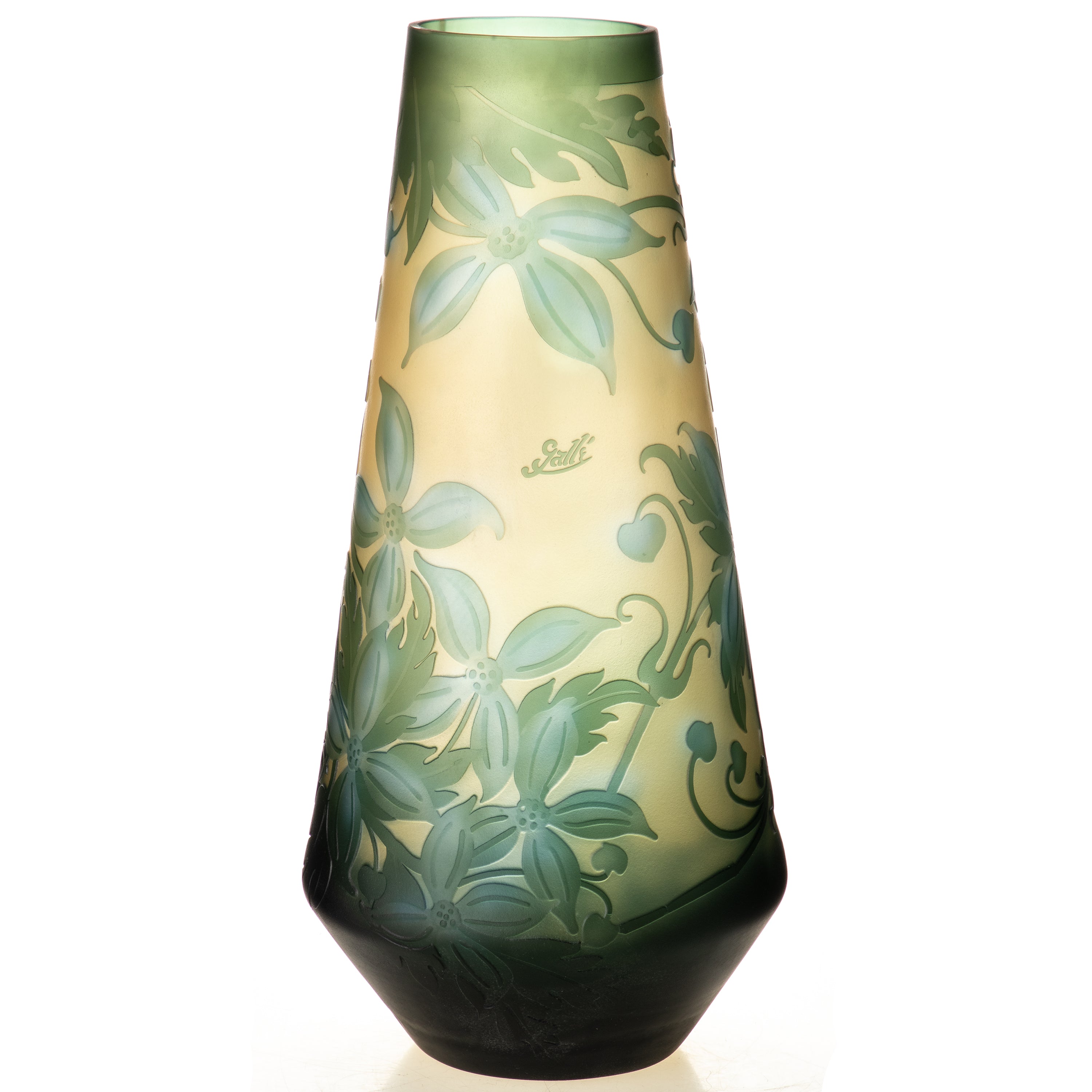 Gallé Stil Vase – Jugendstil Glasvase mit floralem Reliefdekor in Grün-Beige