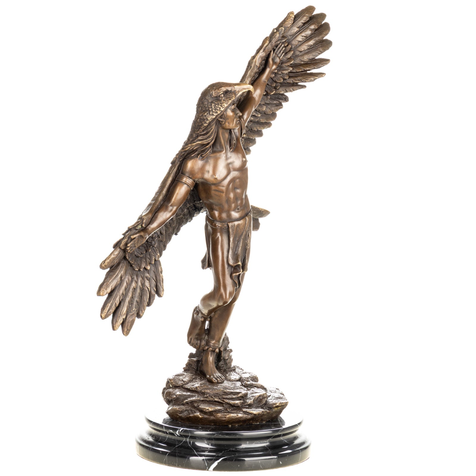 Bronze Skulptur Indianer im Adler Gefieder - signiert & auf Marmorsockel