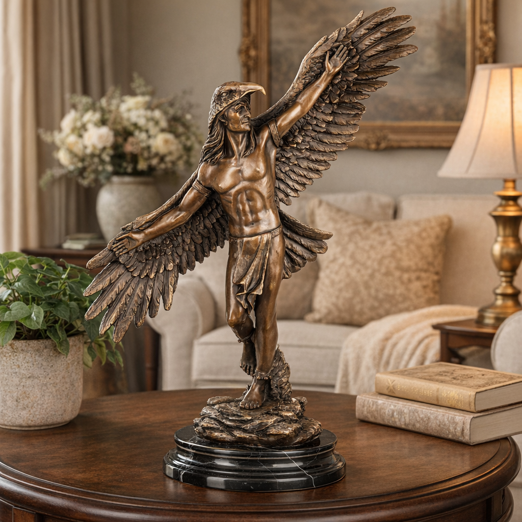 Bronze Skulptur Indianer im Adler Gefieder - signiert & auf Marmorsockel