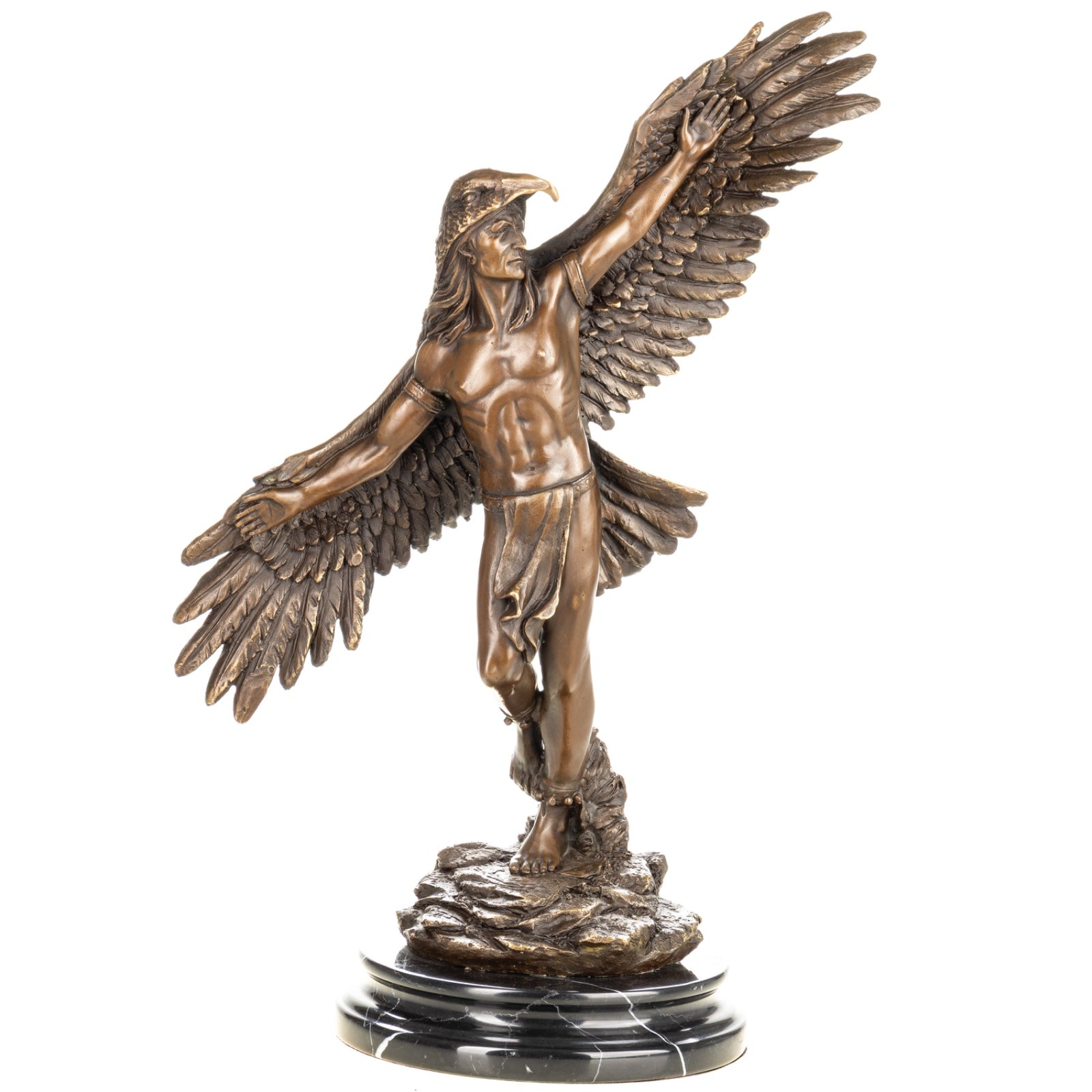 Bronze Skulptur Indianer im Adler Gefieder - signiert & auf Marmorsockel