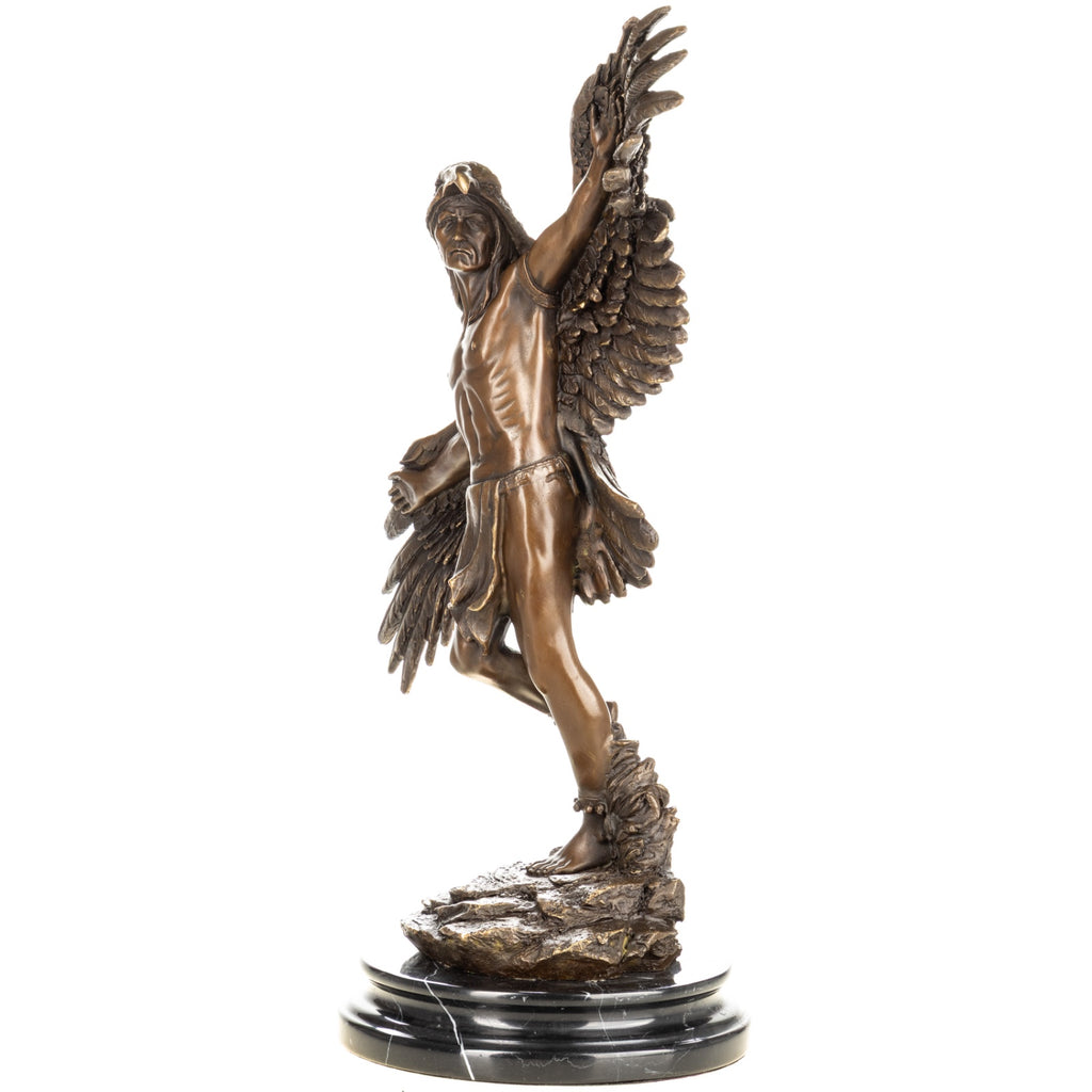 Bronze Skulptur Indianer im Adler Gefieder - signiert & auf Marmorsockel