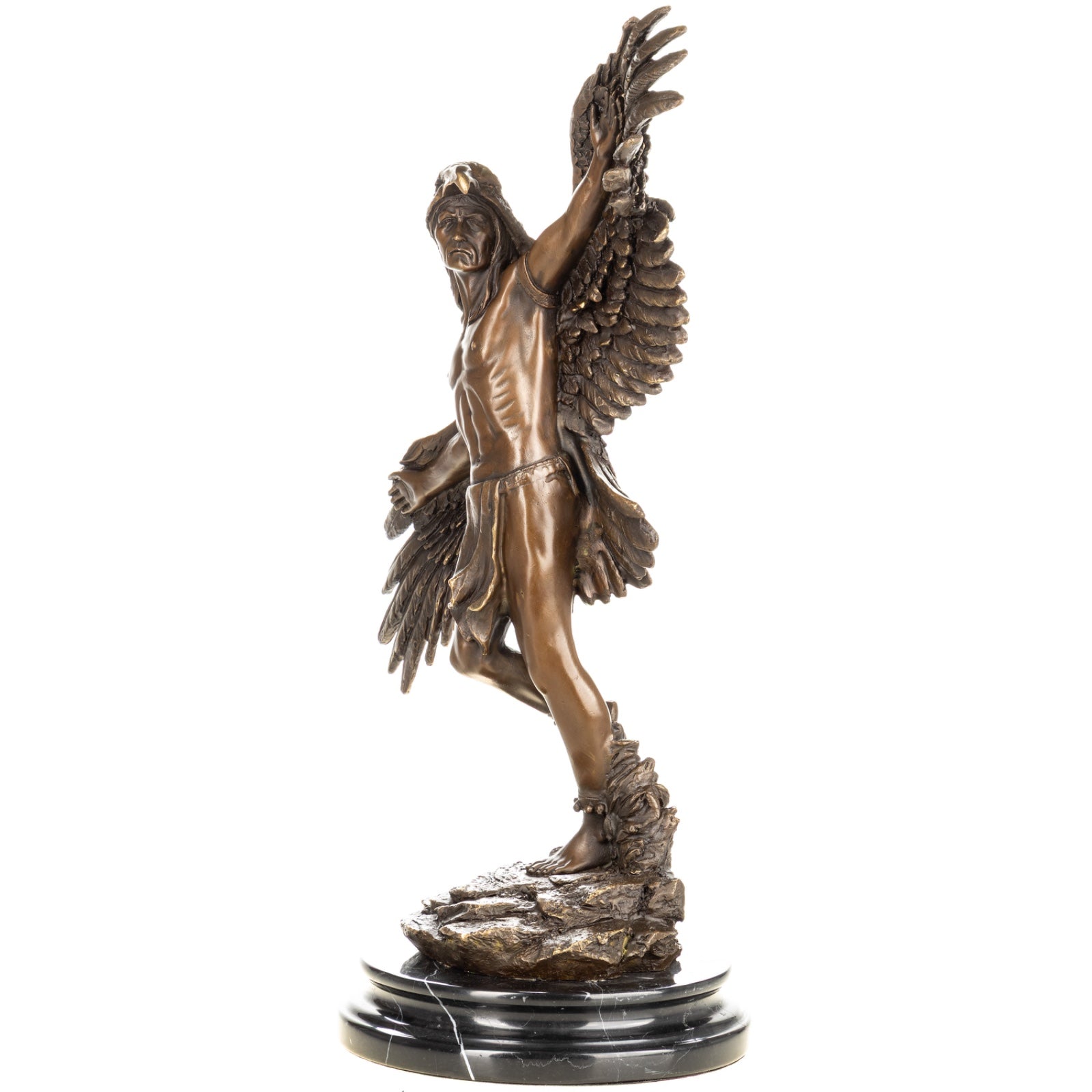 Bronze Skulptur Indianer im Adler Gefieder - signiert & auf Marmorsockel