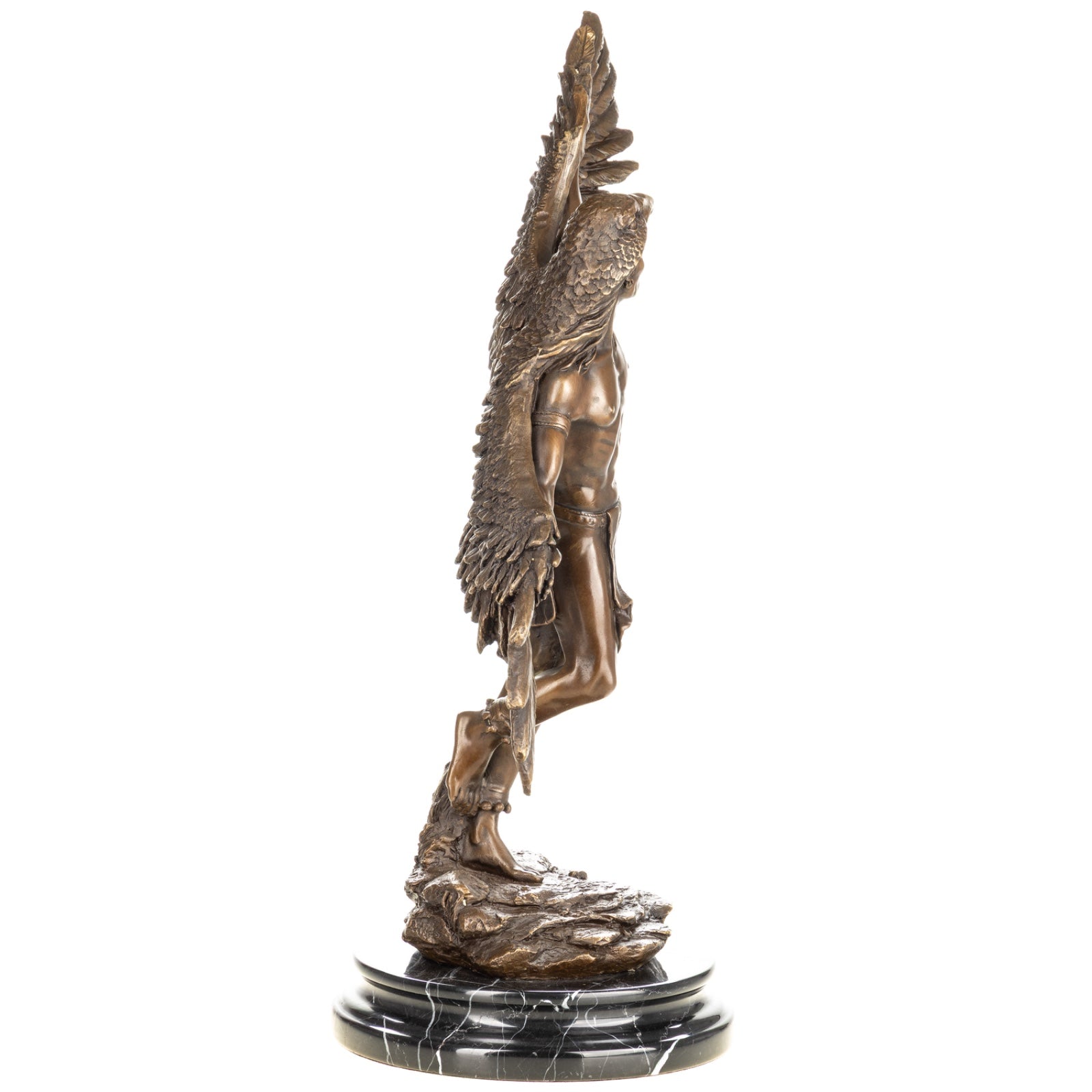 Bronze Skulptur Indianer im Adler Gefieder - signiert & auf Marmorsockel