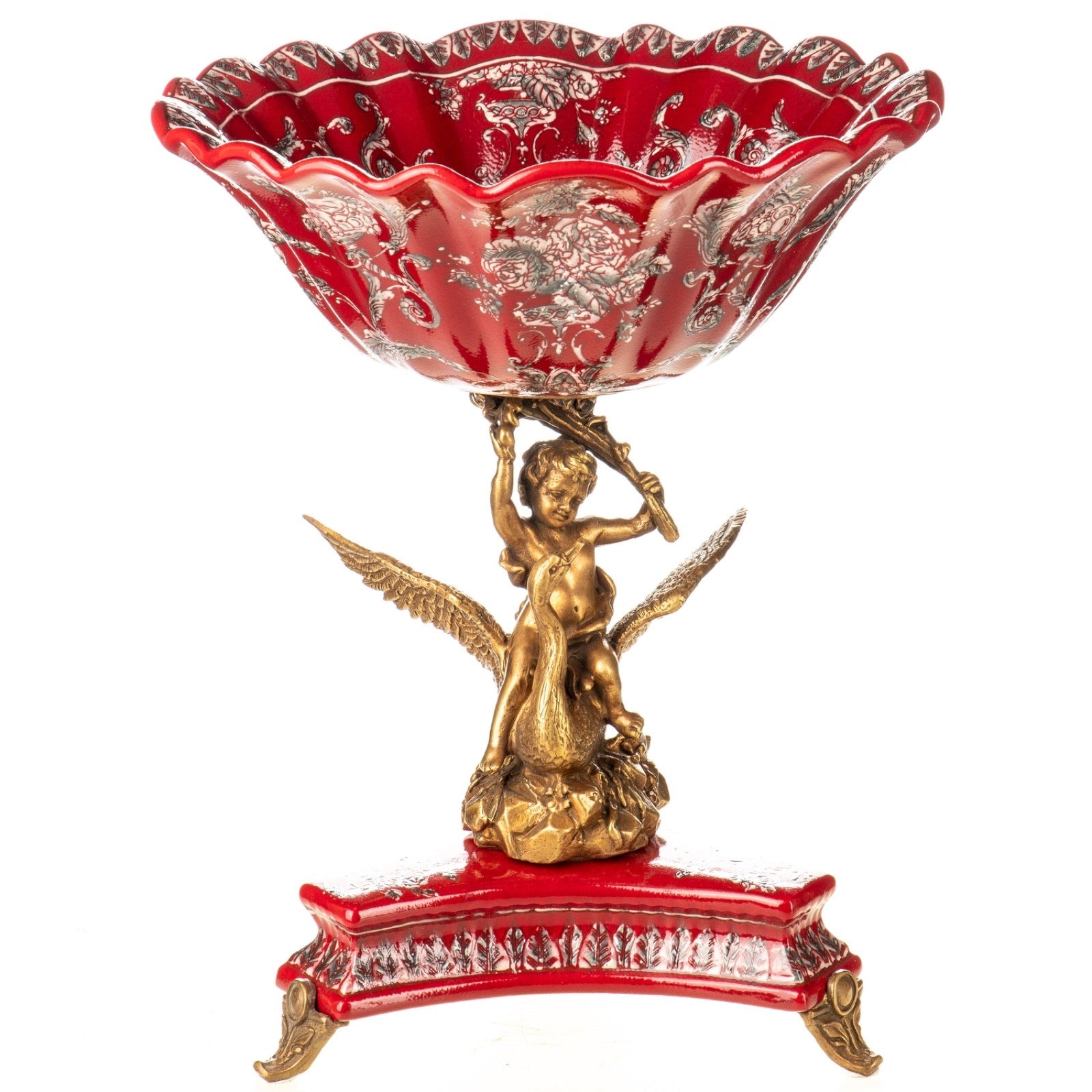Porzellan Bronze Schale - Tafelaufsatz mit Putto auf Schwan