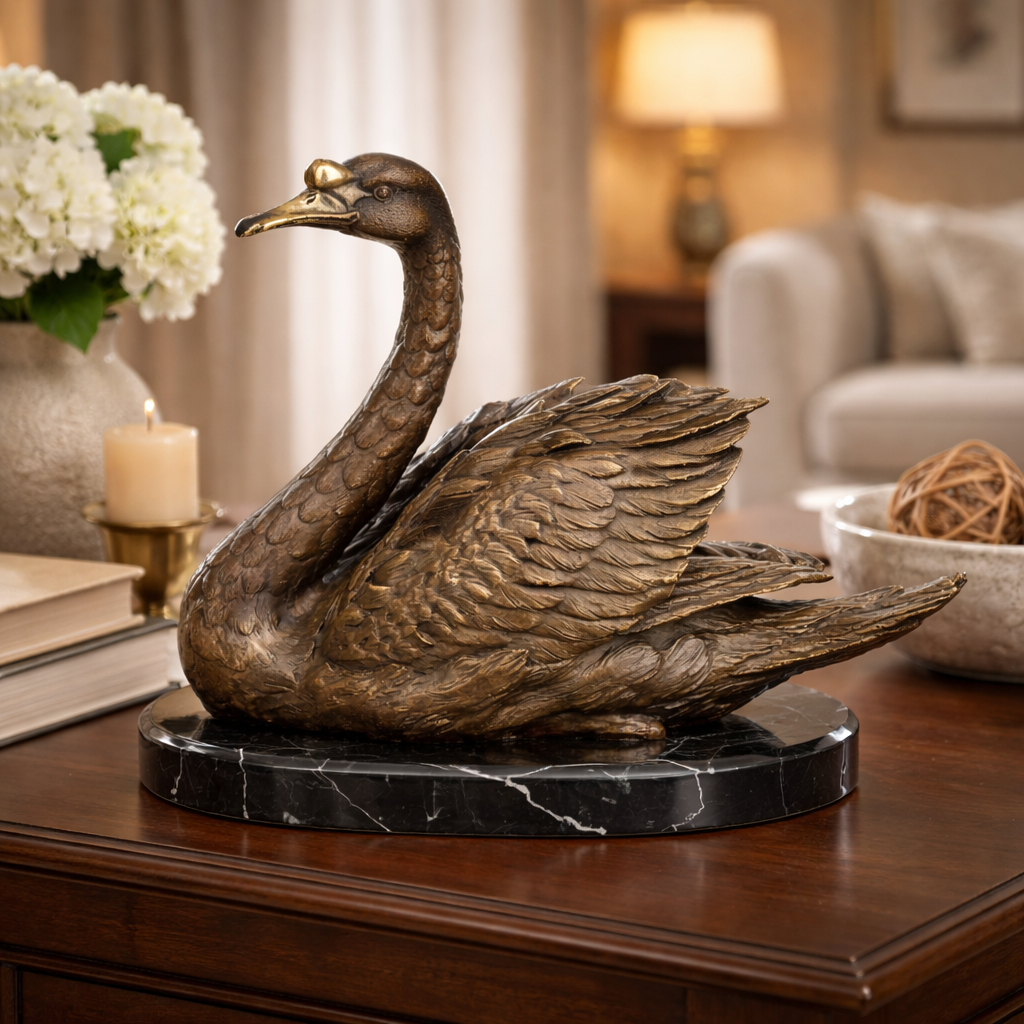 Bronze Skulptur Schwan - signierte Tierfigur auf Marmorsockel