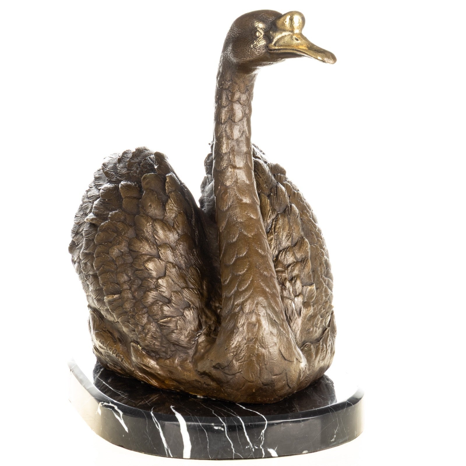 Bronze Skulptur Schwan - signierte Tierfigur auf Marmorsockel