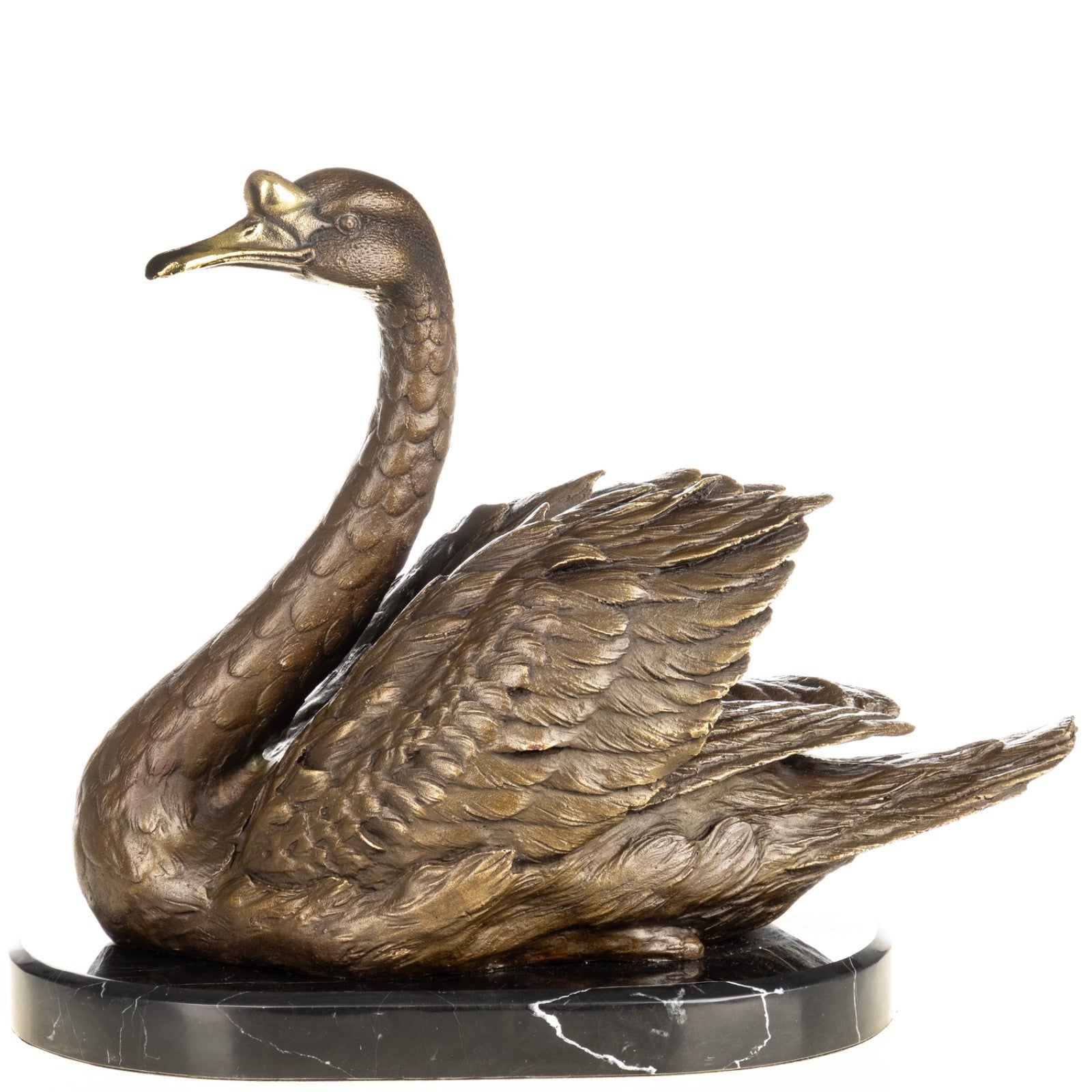 Bronze Skulptur Schwan - signierte Tierfigur auf Marmorsockel