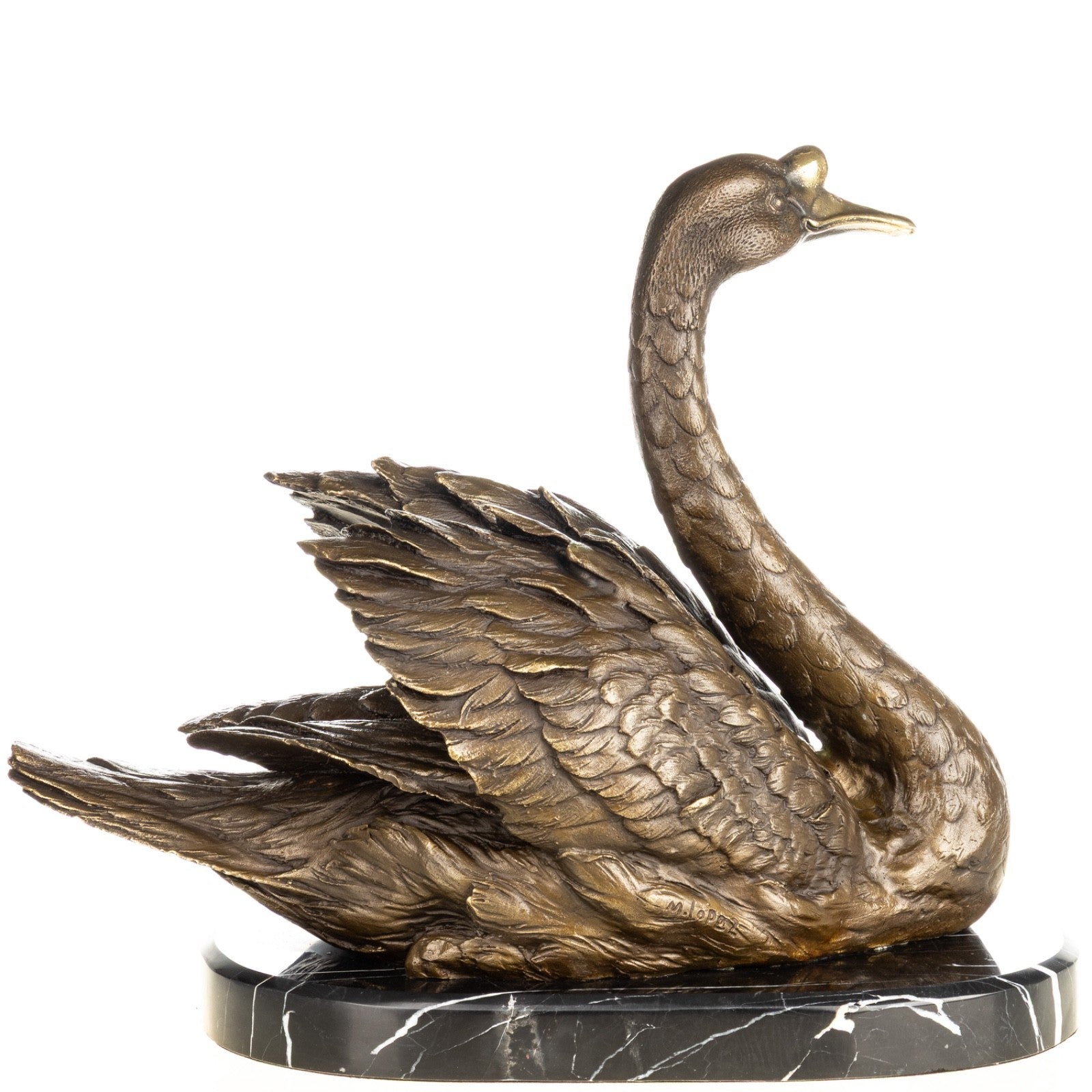 Bronze Skulptur Schwan - signierte Tierfigur auf Marmorsockel