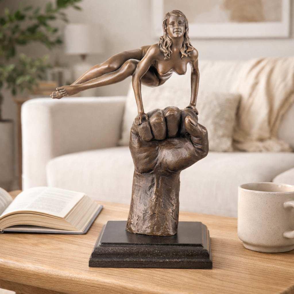 Bronze Skulptur Frau auf Hand - moderne Aktkunst auf Marmorsockel
