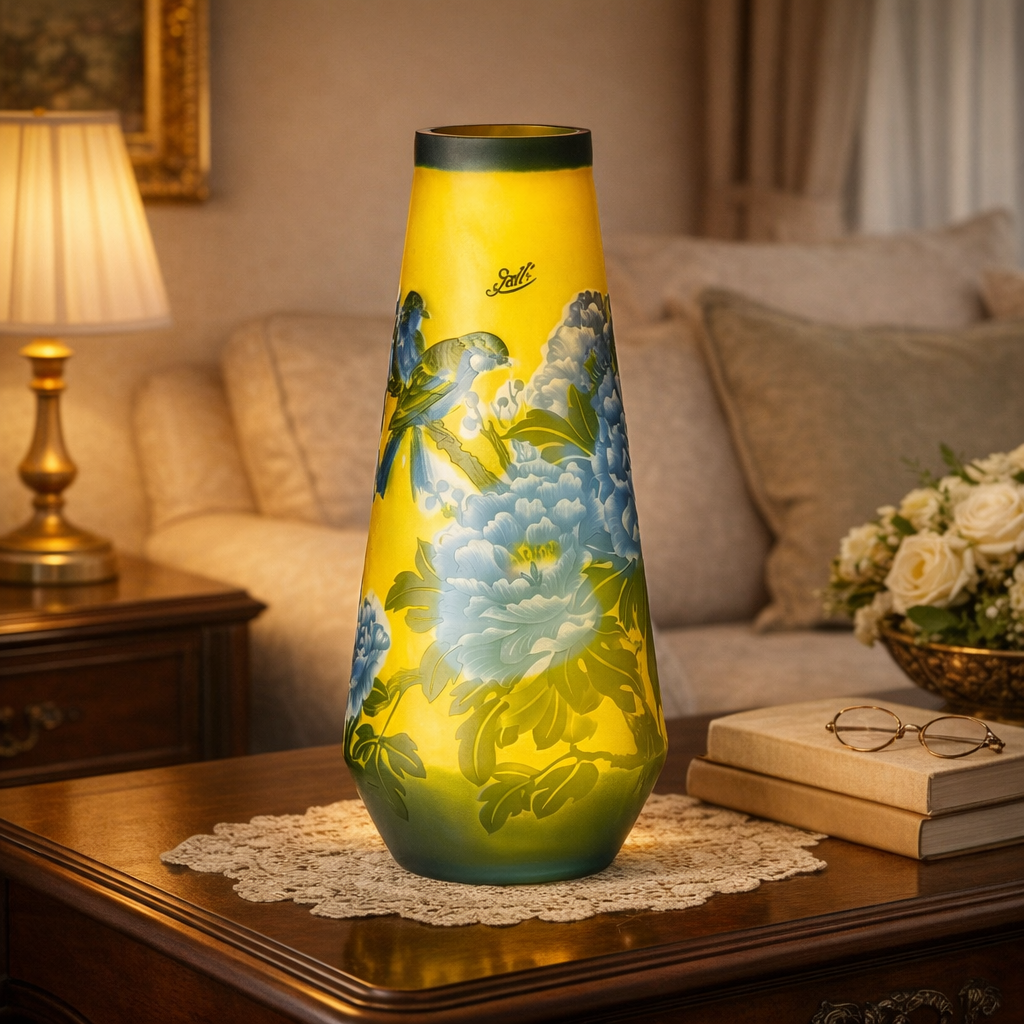 Vase im Gallé Stil – florale Cameo-Glaskunst mit Vogelmotiv & „Gallé“ Signatur