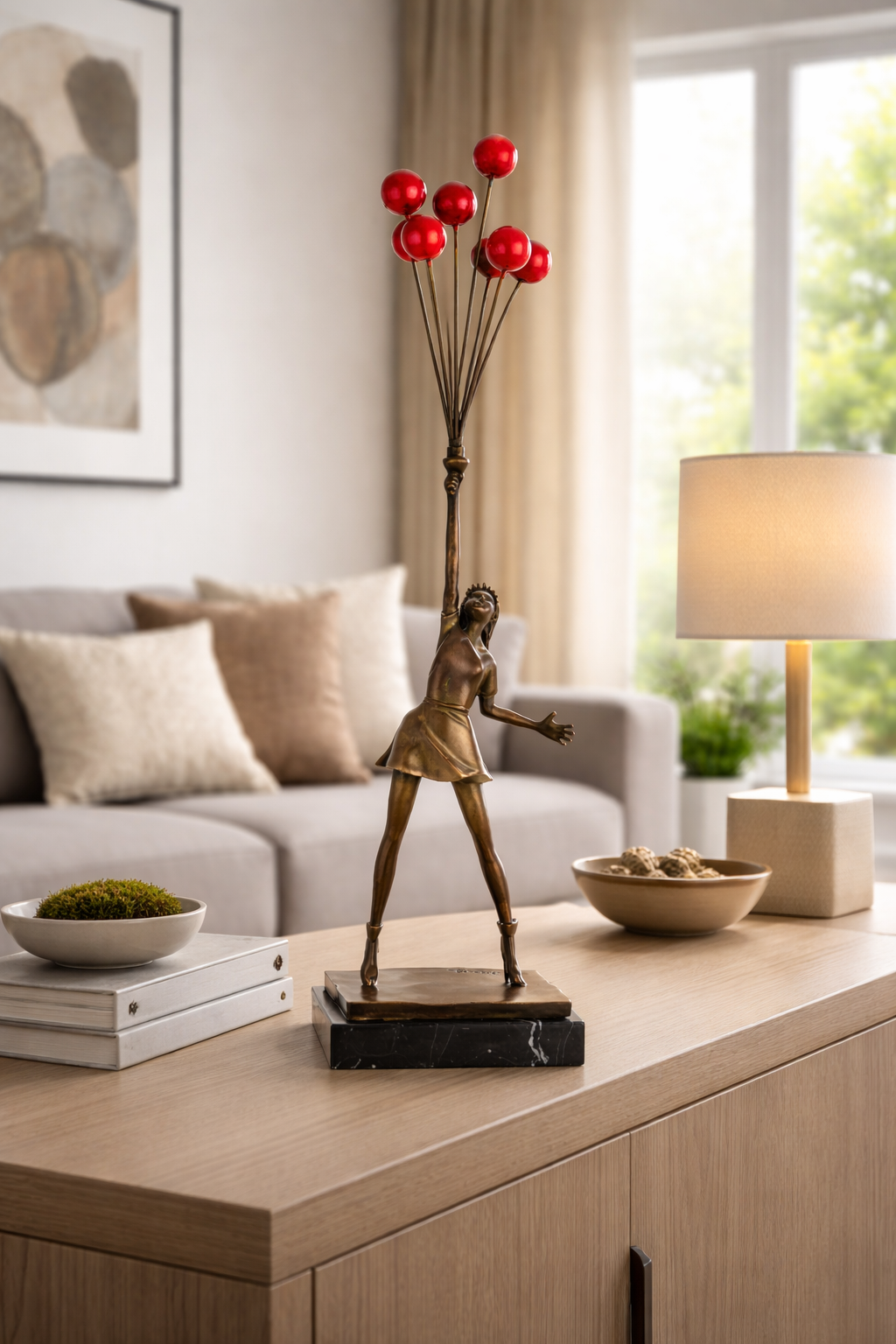 Bronze Skulptur Balloon Girl nach Banksy - signierte Kunstfigur auf Marmorsockel