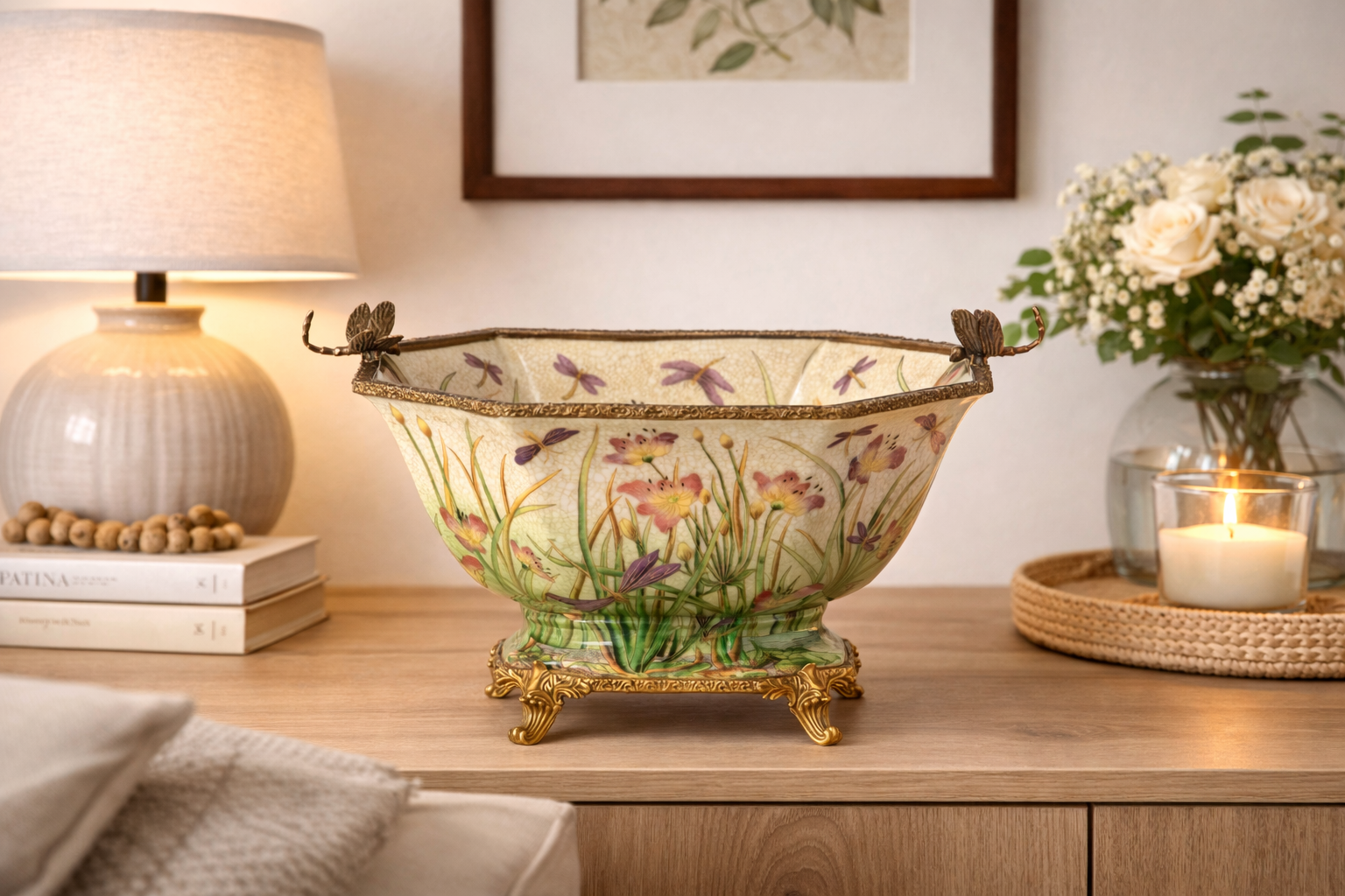 Porzellanschale mit Bronze – Wiesenblumen & Libellen – Jardiniere im Prunk Stil