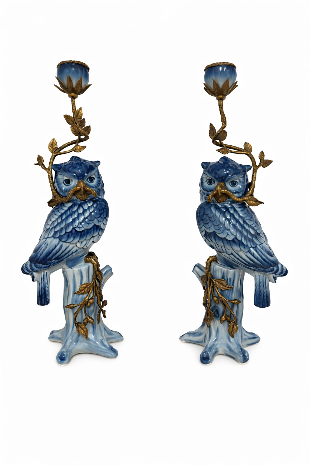 Kerzenleuchter aus Porzellan & Bronze - Eulenmotiv