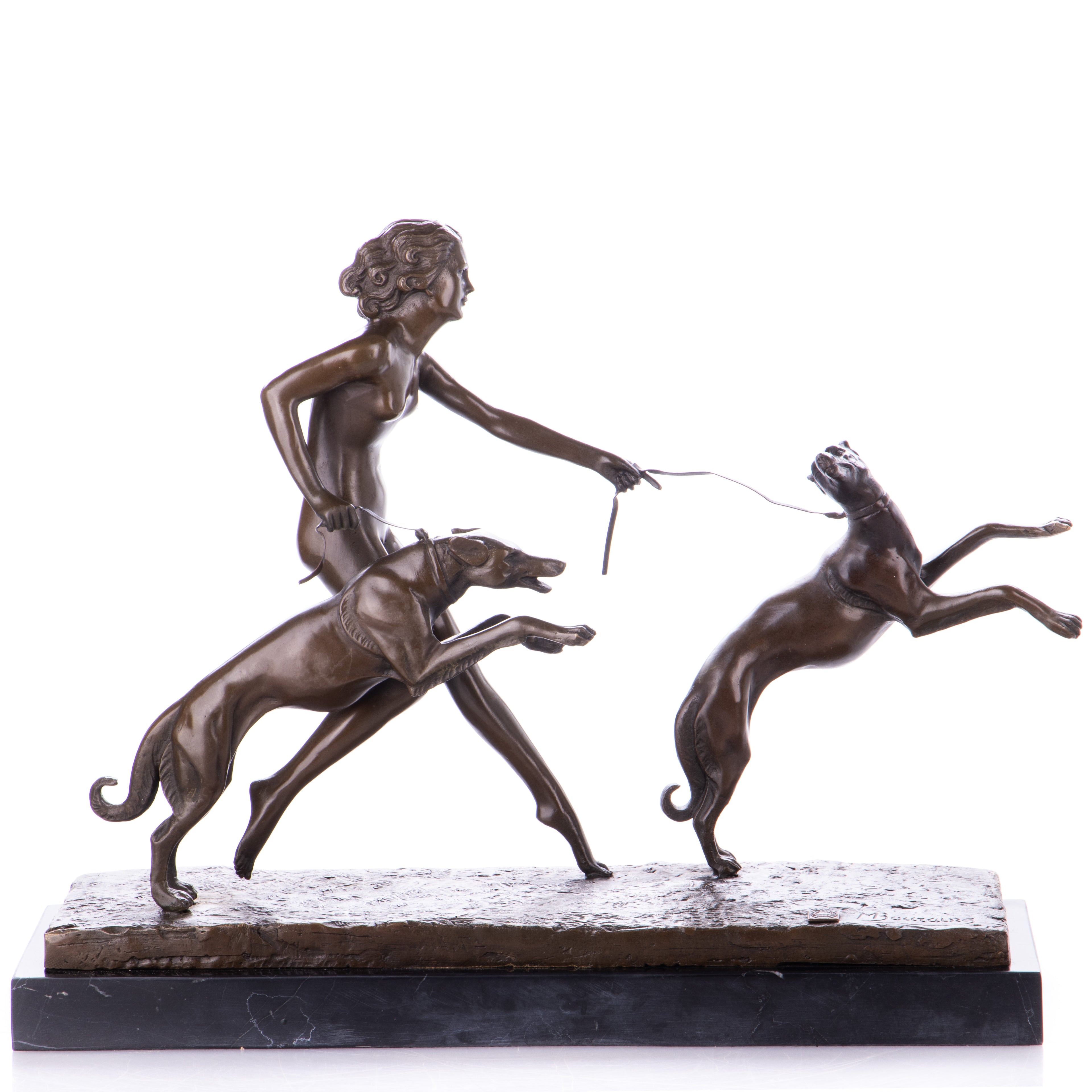 Bronze Skulptur Frau mit Windhunden - signierte Art déco Figur auf Marmorsockel