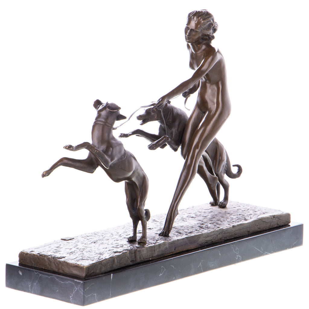 Bronze Skulptur Frau mit Windhunden - signierte Art déco Figur auf Marmorsockel