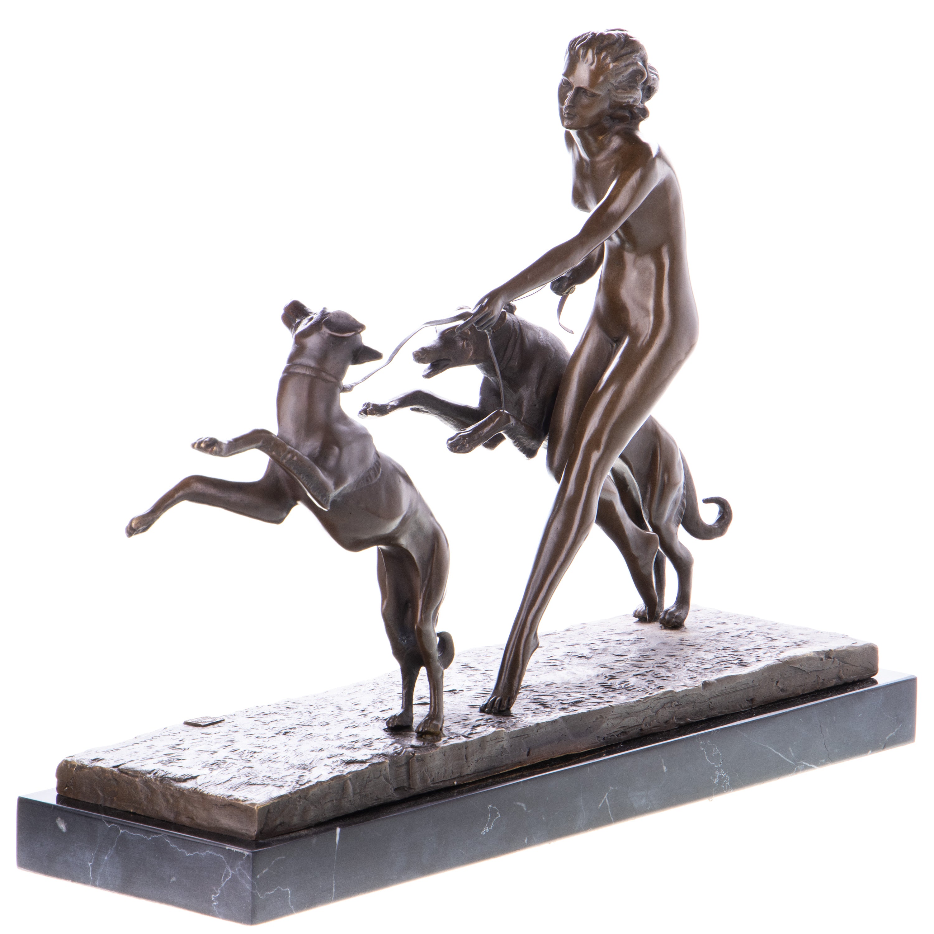 Bronze Skulptur Frau mit Windhunden - signierte Art déco Figur auf Marmorsockel