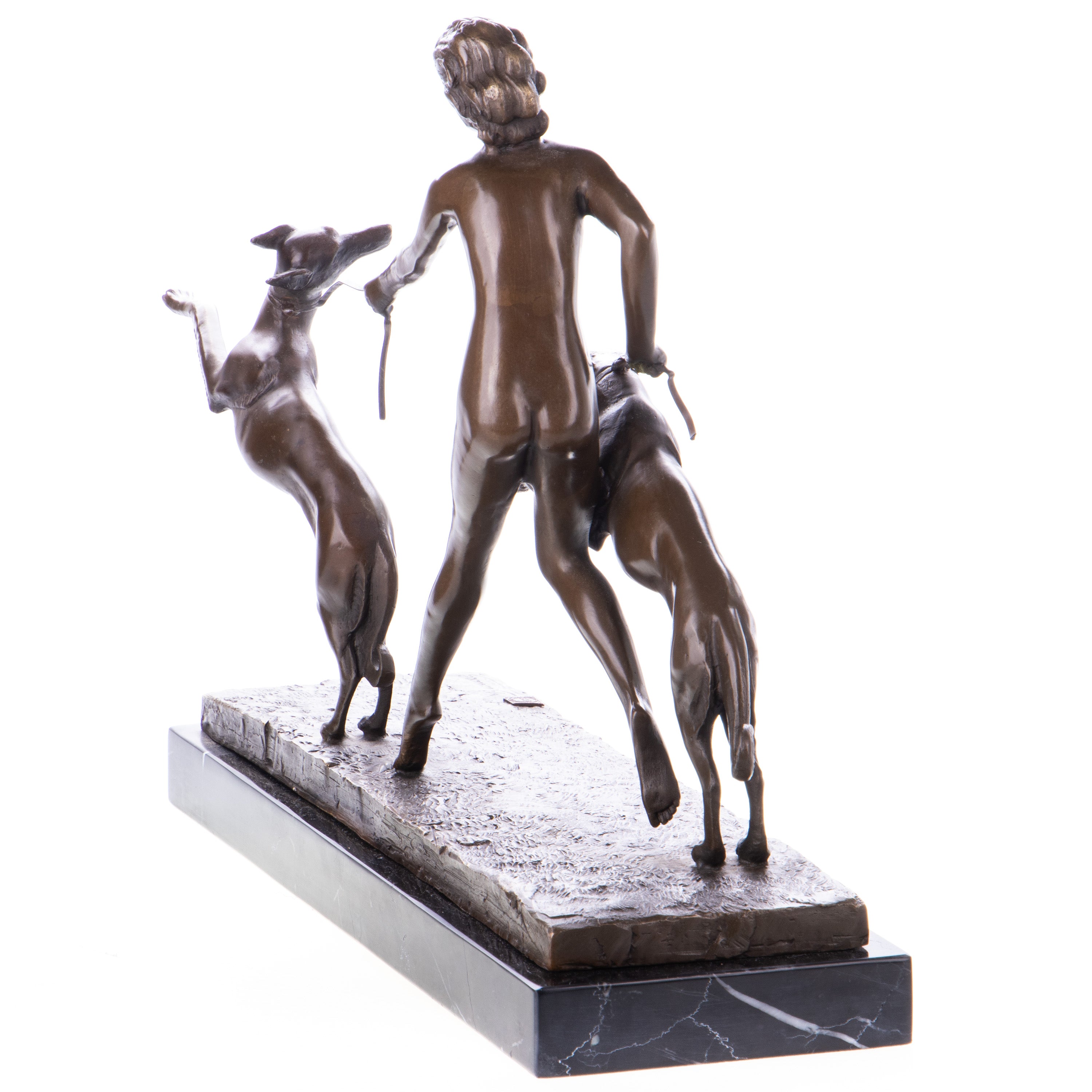Bronze Skulptur Frau mit Windhunden - signierte Art déco Figur auf Marmorsockel