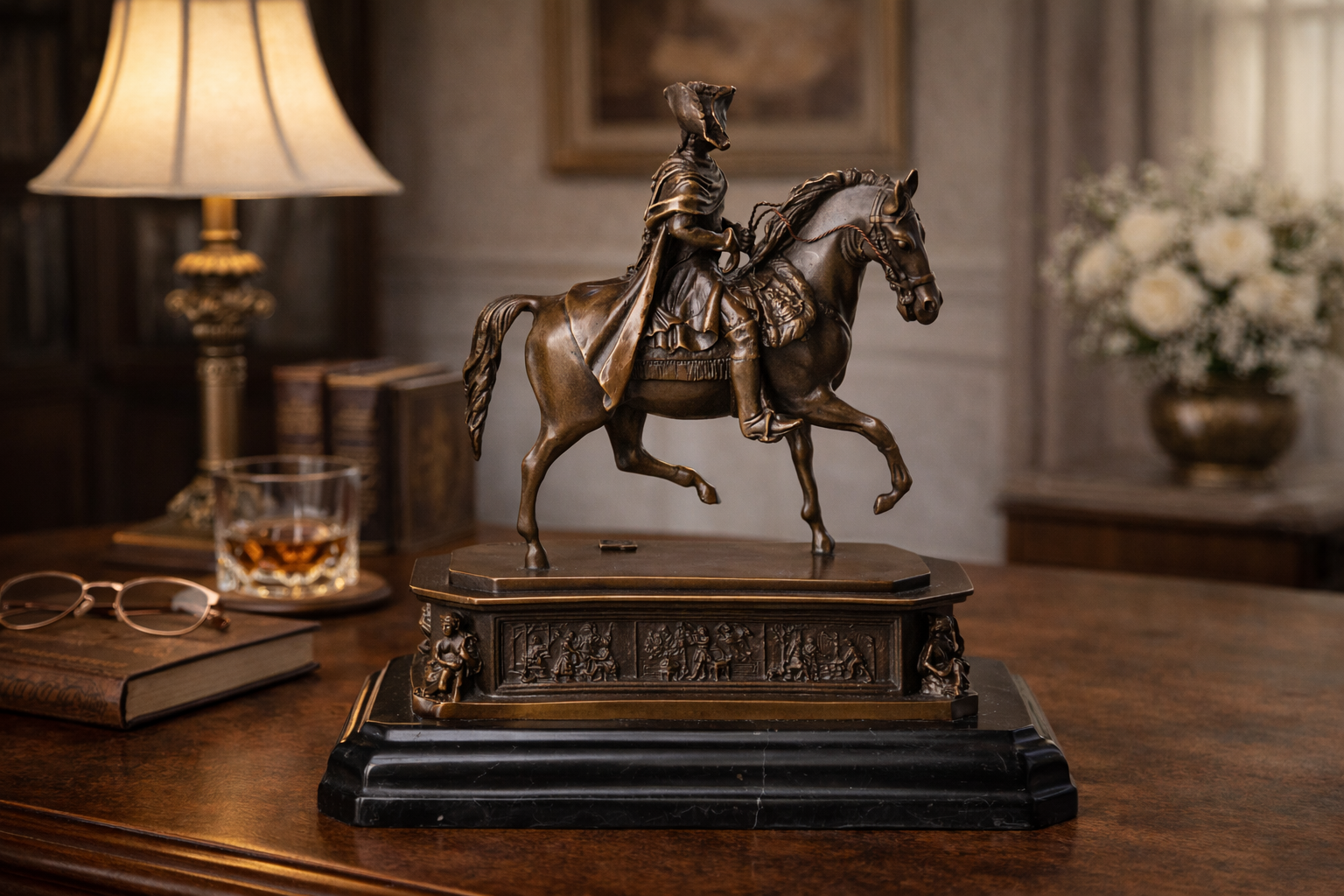 Bronze Skulptur König Friedrich II. - Alter Fritz auf Marmorsockel