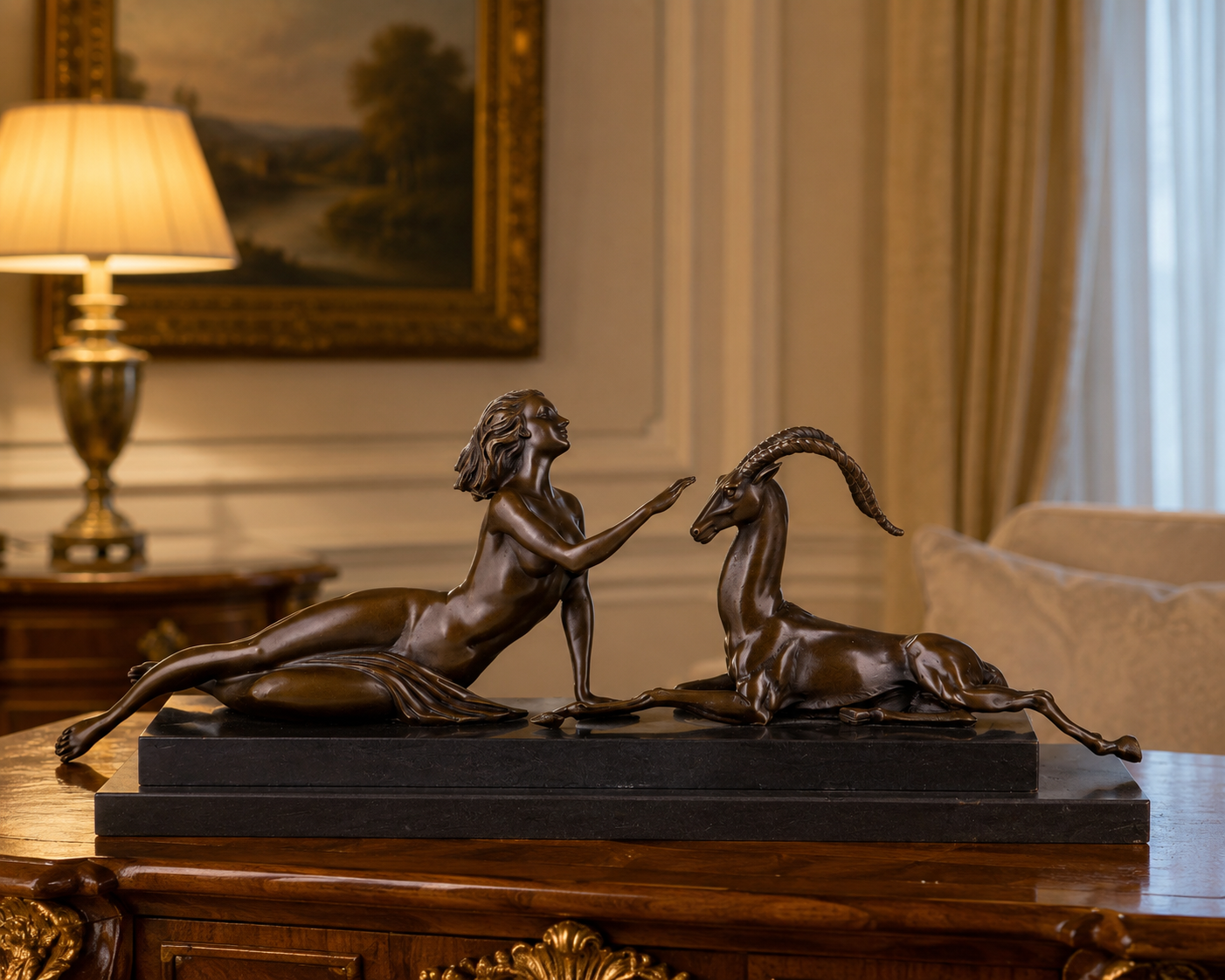 Bronze Skulptur Frau mit Gazelle - signierte Art déco Figur auf Marmorsockel