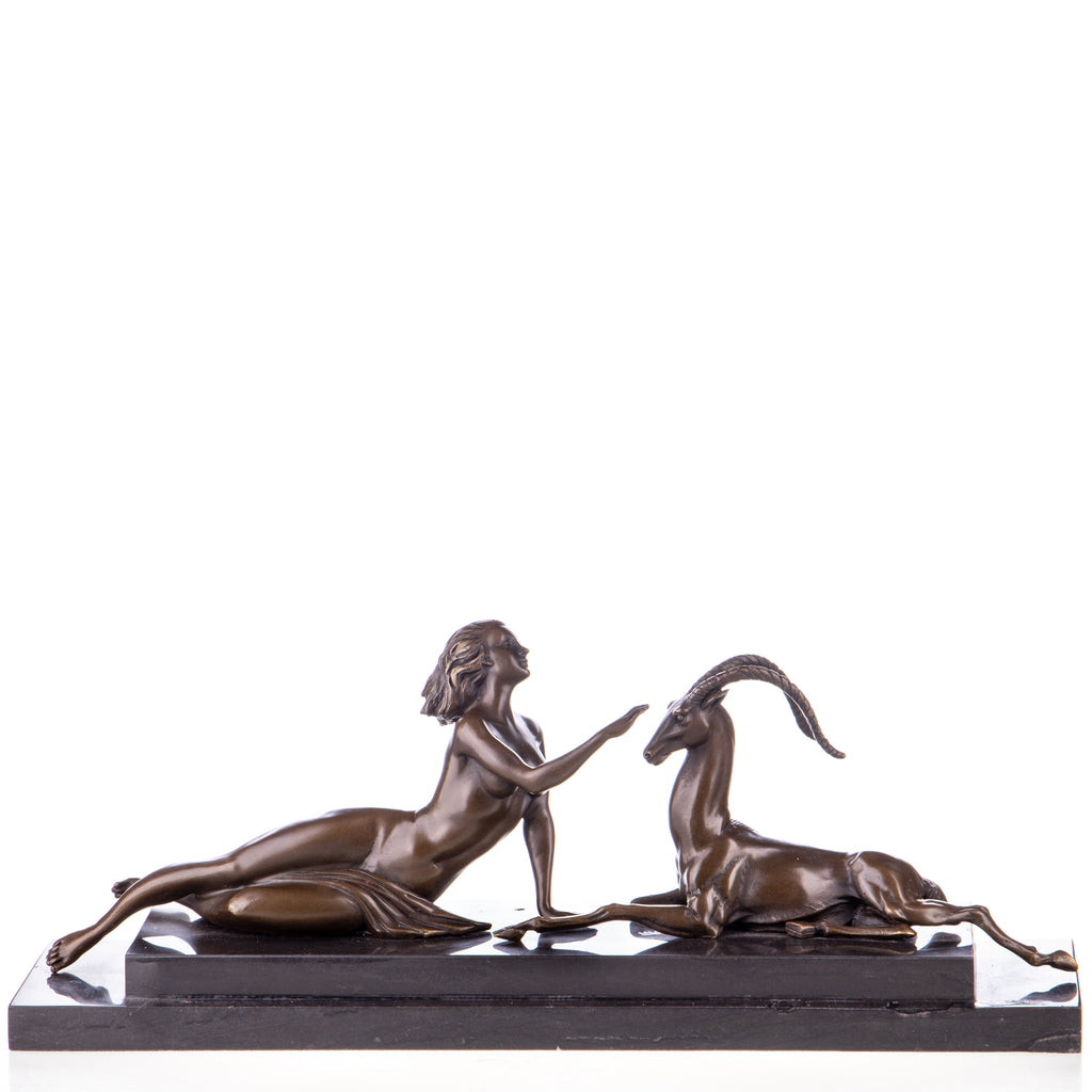 Bronze Skulptur Frau mit Gazelle - signierte Art déco Figur auf Marmorsockel