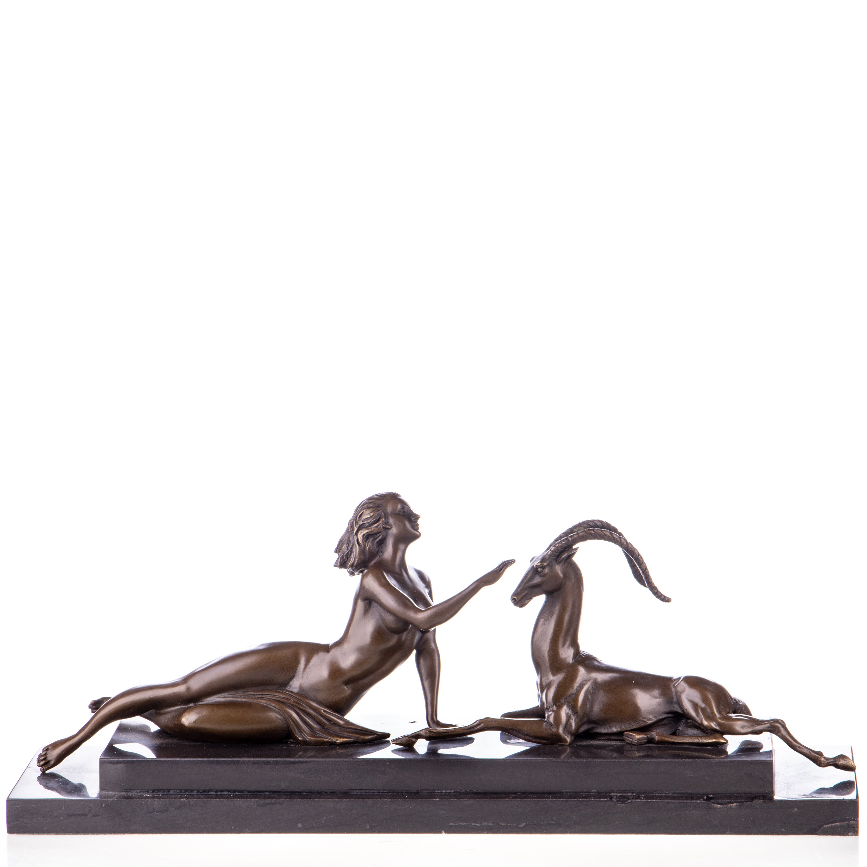 Bronze Skulptur Frau mit Gazelle - signierte Art déco Figur auf Marmorsockel