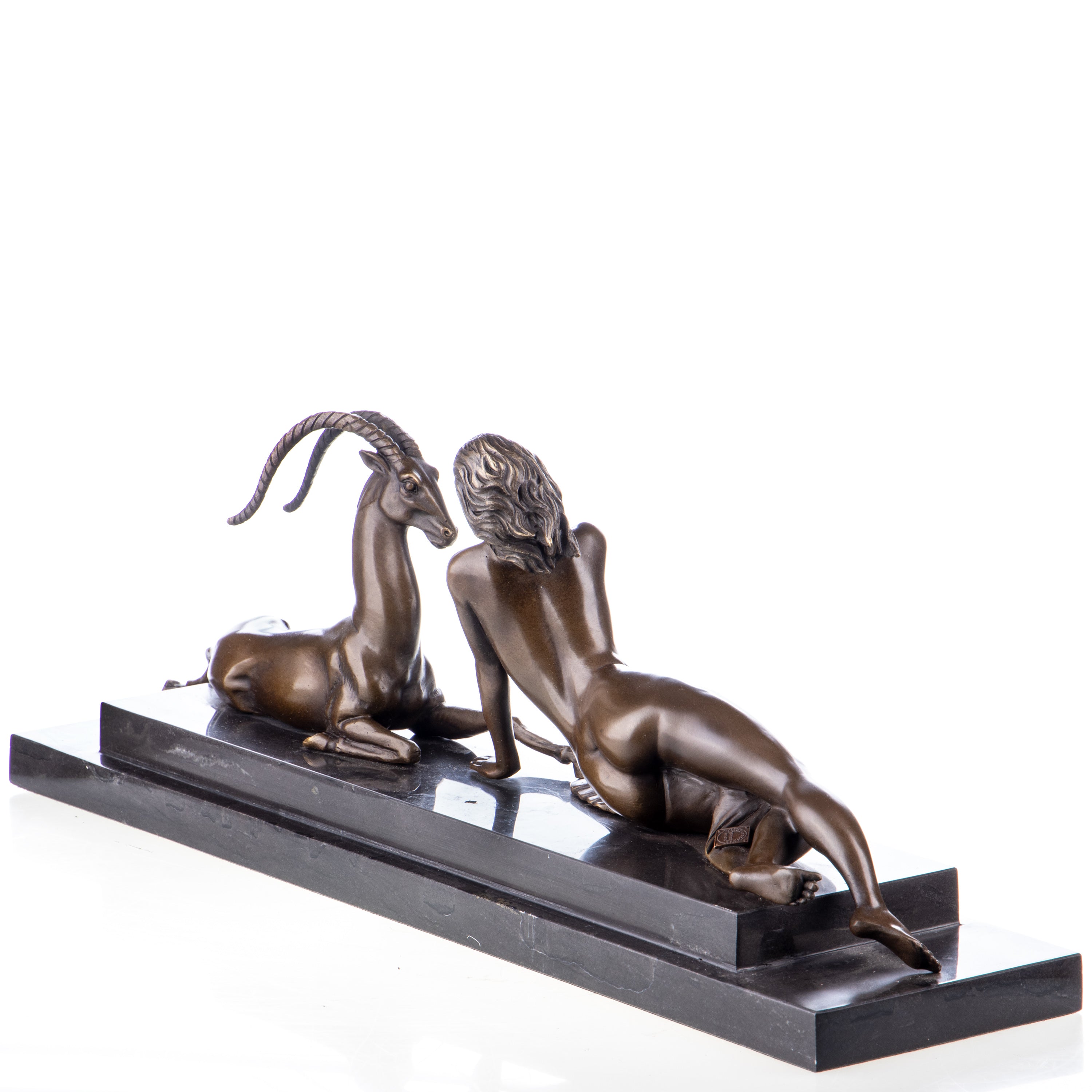 Bronze Skulptur Frau mit Gazelle - signierte Art déco Figur auf Marmorsockel