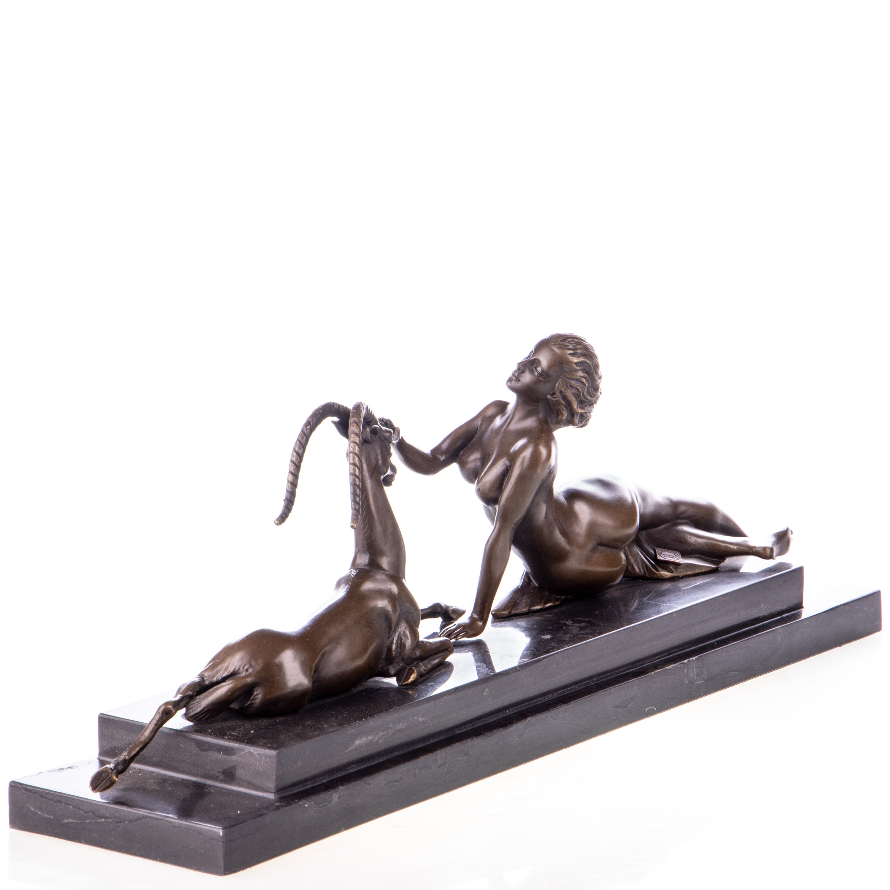 Bronze Skulptur Frau mit Gazelle - signierte Art déco Figur auf Marmorsockel