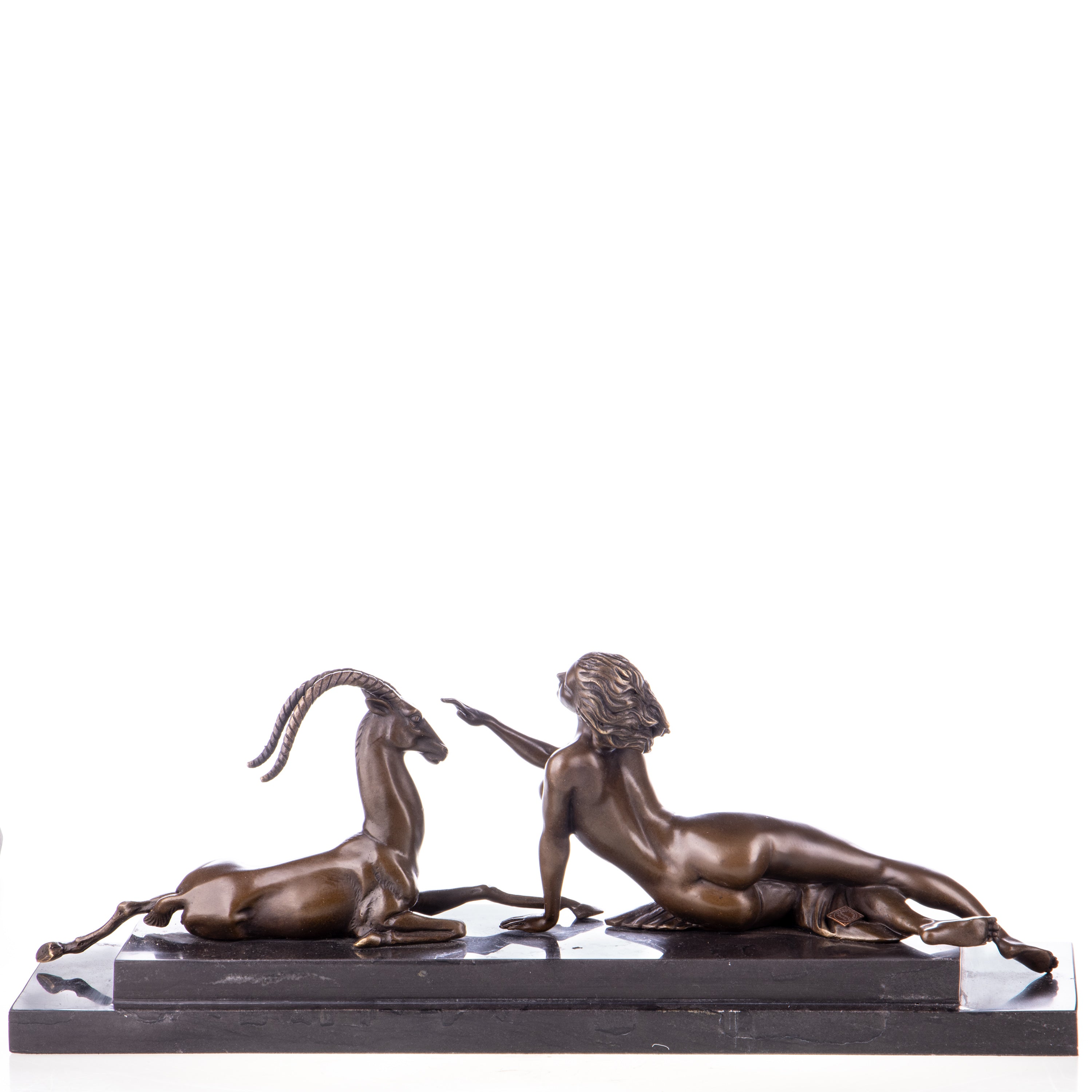 Bronze Skulptur Frau mit Gazelle - signierte Art déco Figur auf Marmorsockel