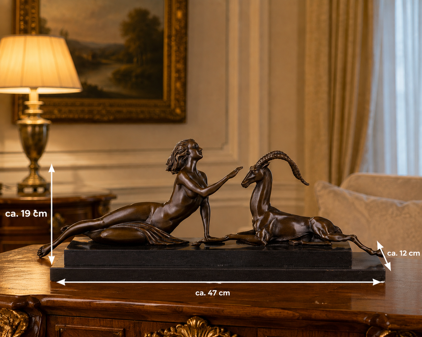 Bronze Skulptur Frau mit Gazelle - signierte Art déco Figur auf Marmorsockel