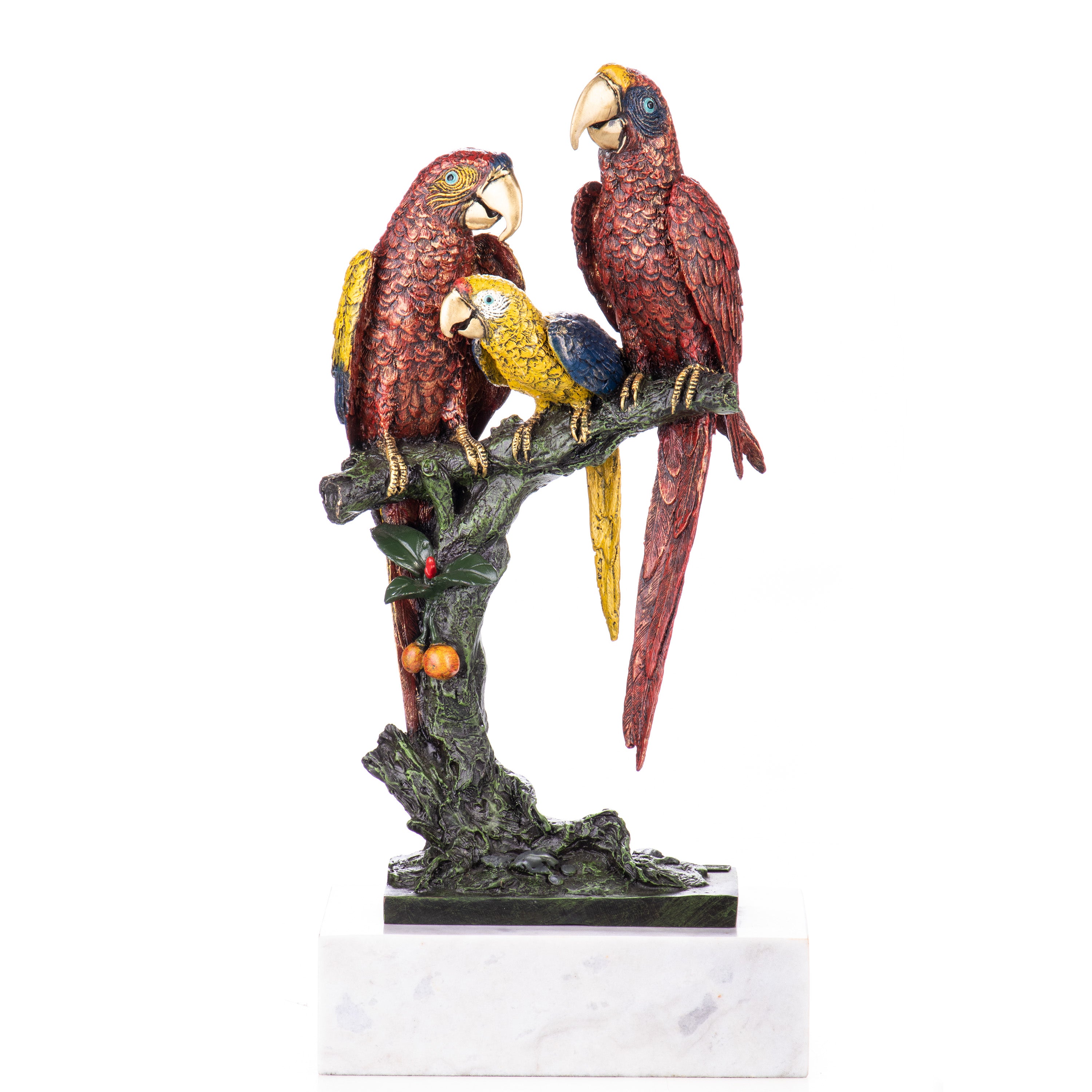 Bronze Skulptur bunte Papageie auf Ast - signierte Tierfigur auf Marmorsockel