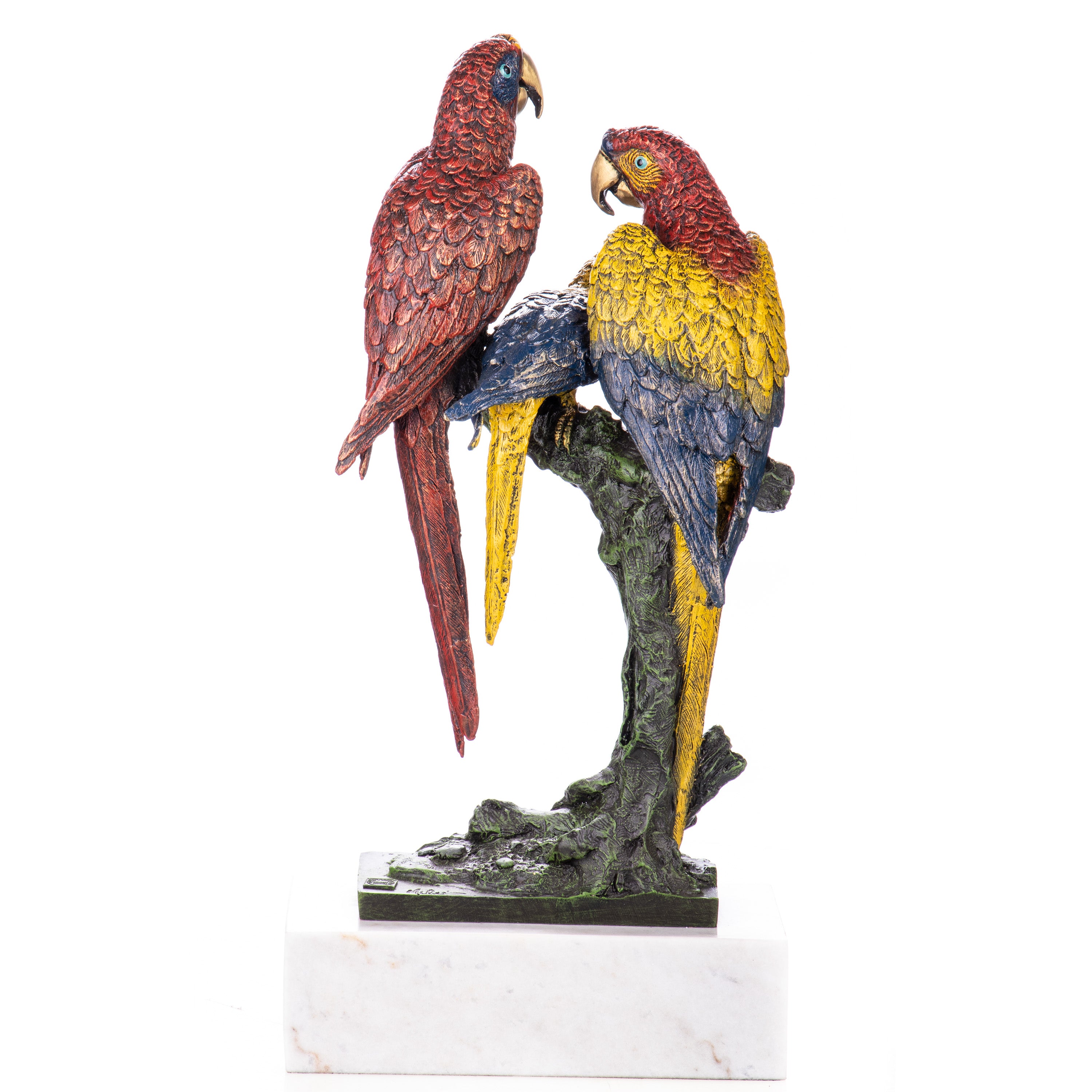 Bronze Skulptur bunte Papageie auf Ast - signierte Tierfigur auf Marmorsockel