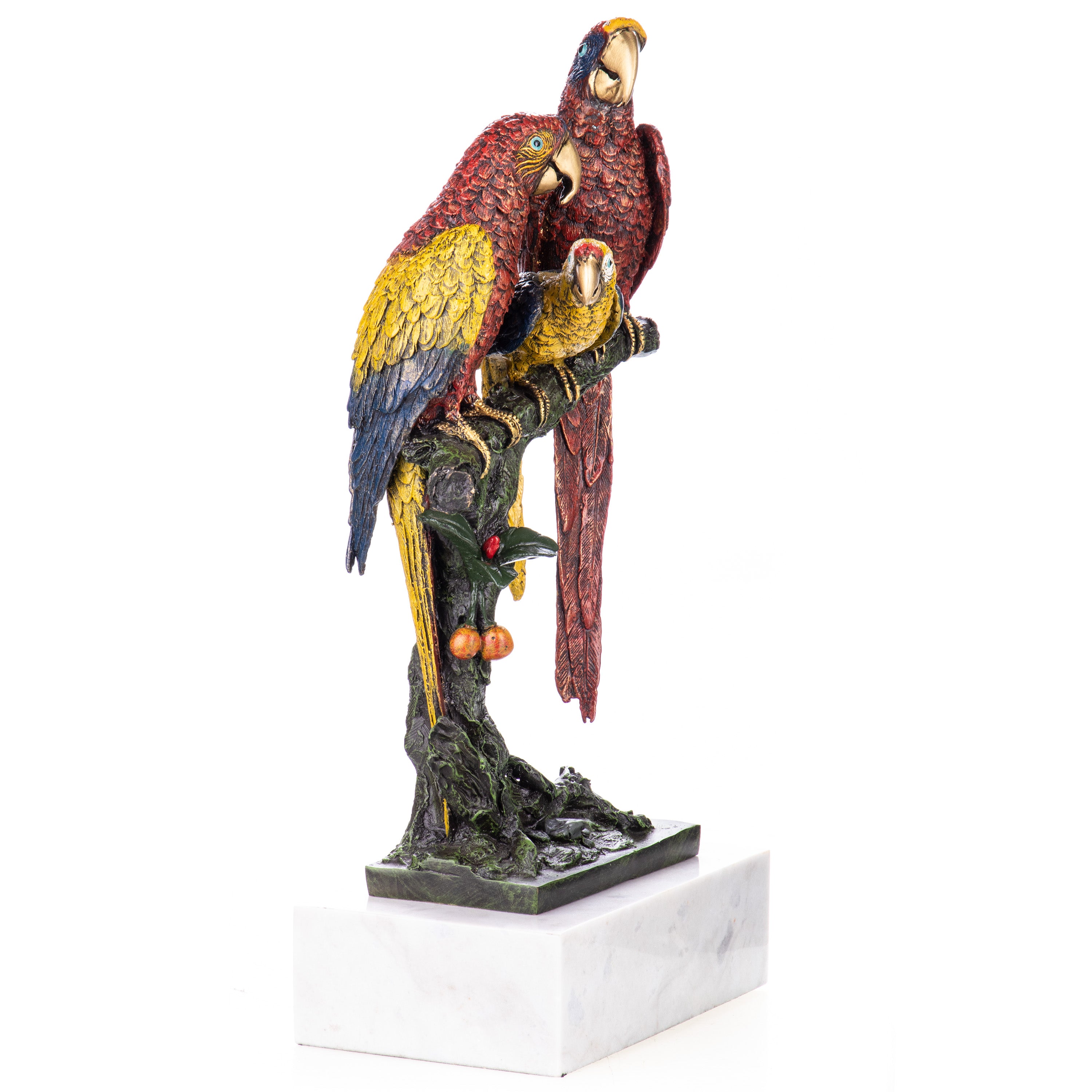 Bronze Skulptur bunte Papageie auf Ast - signierte Tierfigur auf Marmorsockel