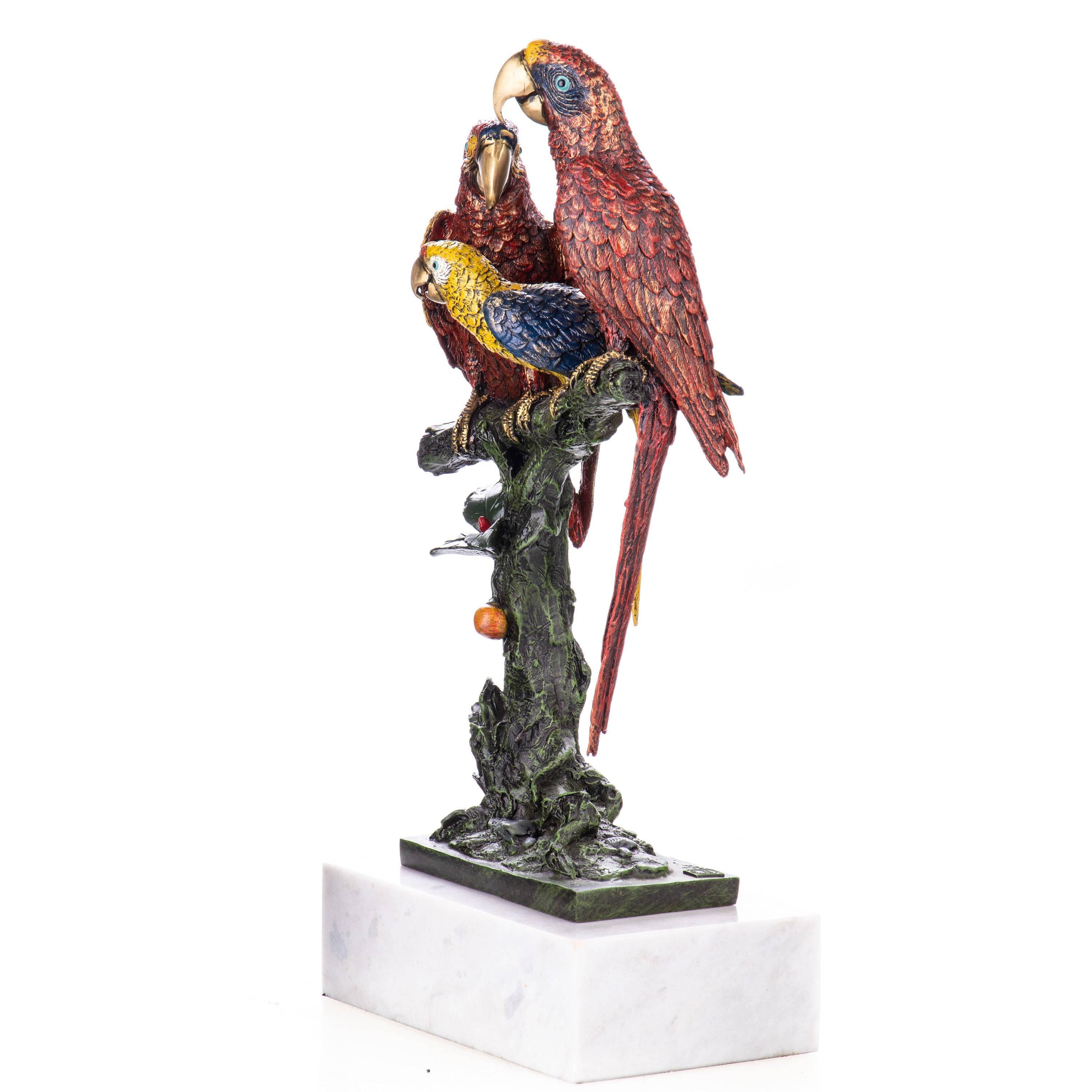Bronze Skulptur bunte Papageie auf Ast - signierte Tierfigur auf Marmorsockel