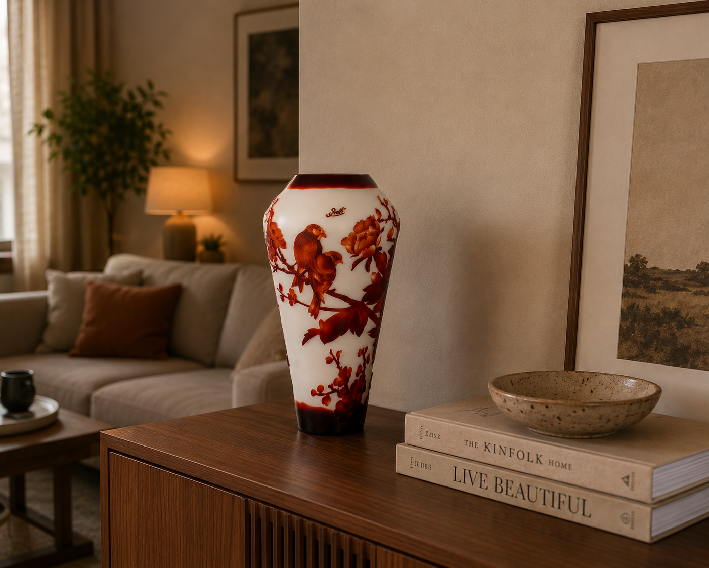 Vase im Gallé Stil aus Cameo Glas – mit Vogelmotiv im Jugendstil