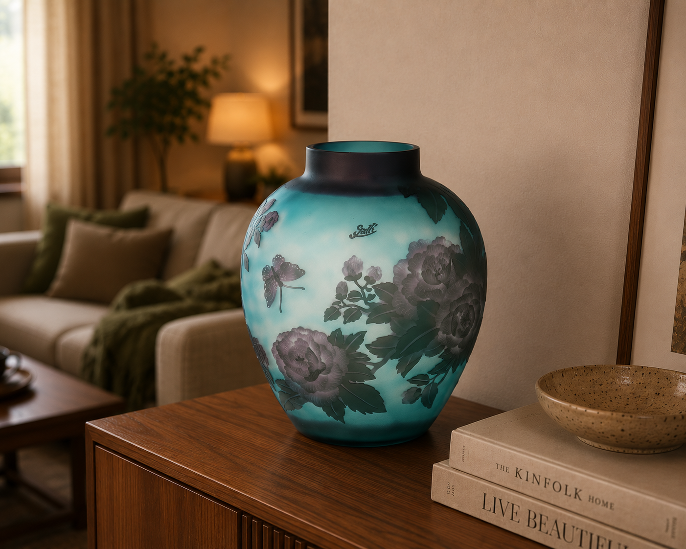 Vase im Gallé Stil aus Cameo Glas - florale Motive & Schmetterling im Jugendstil