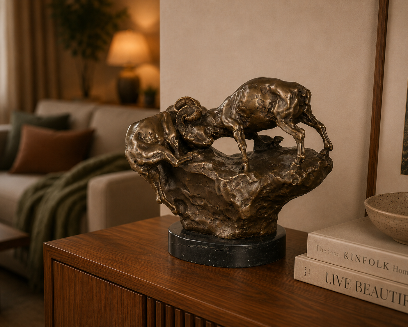 Bronze Skulptur kämpfende Widder - signierte Tierfigur auf Marmorsockel