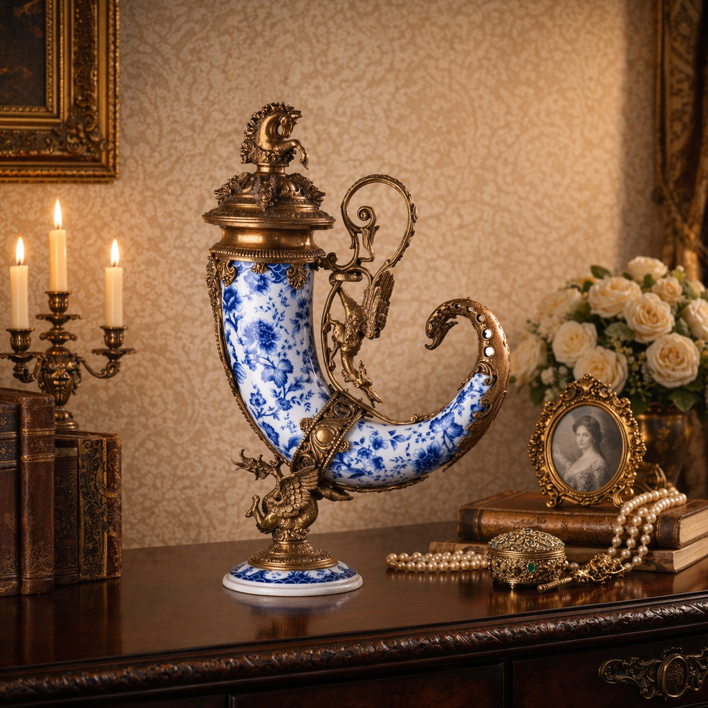Prunkvase aus Porzellan & Bronze - Jagdhorn in Blau & Weiß