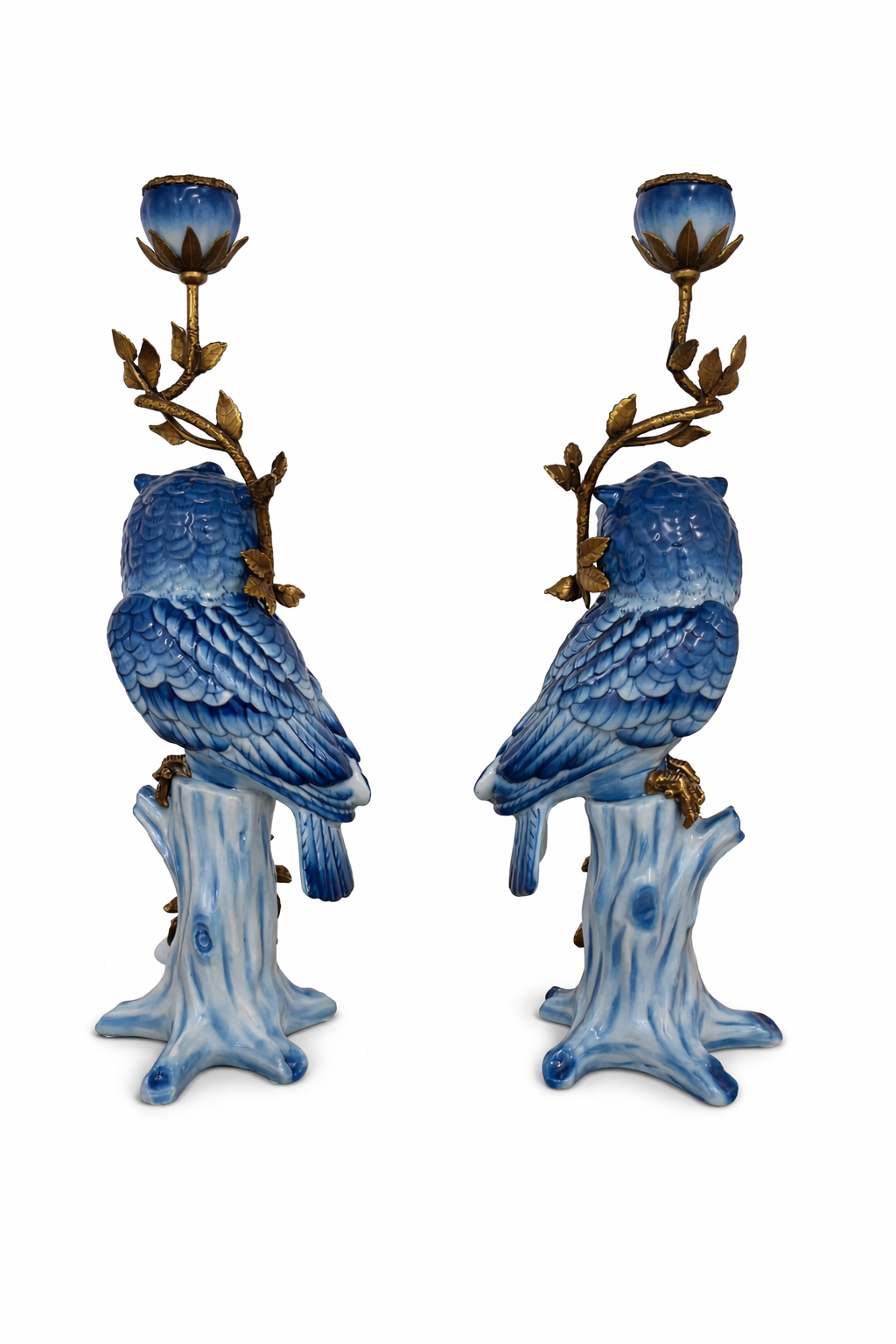 Kerzenleuchter aus Porzellan & Bronze - Eulenmotiv