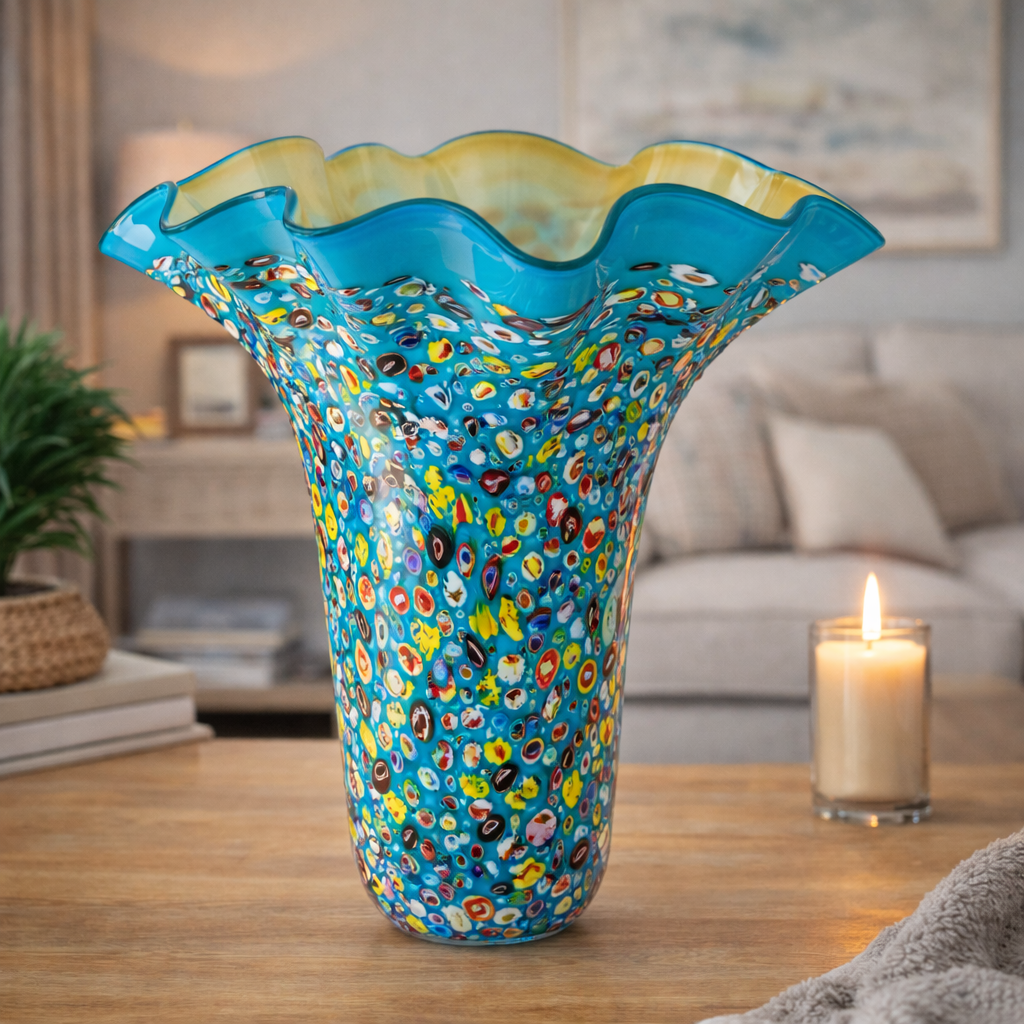 Murano Glasvase im Millefiori Stil – Mundgeblasene Kunstvase