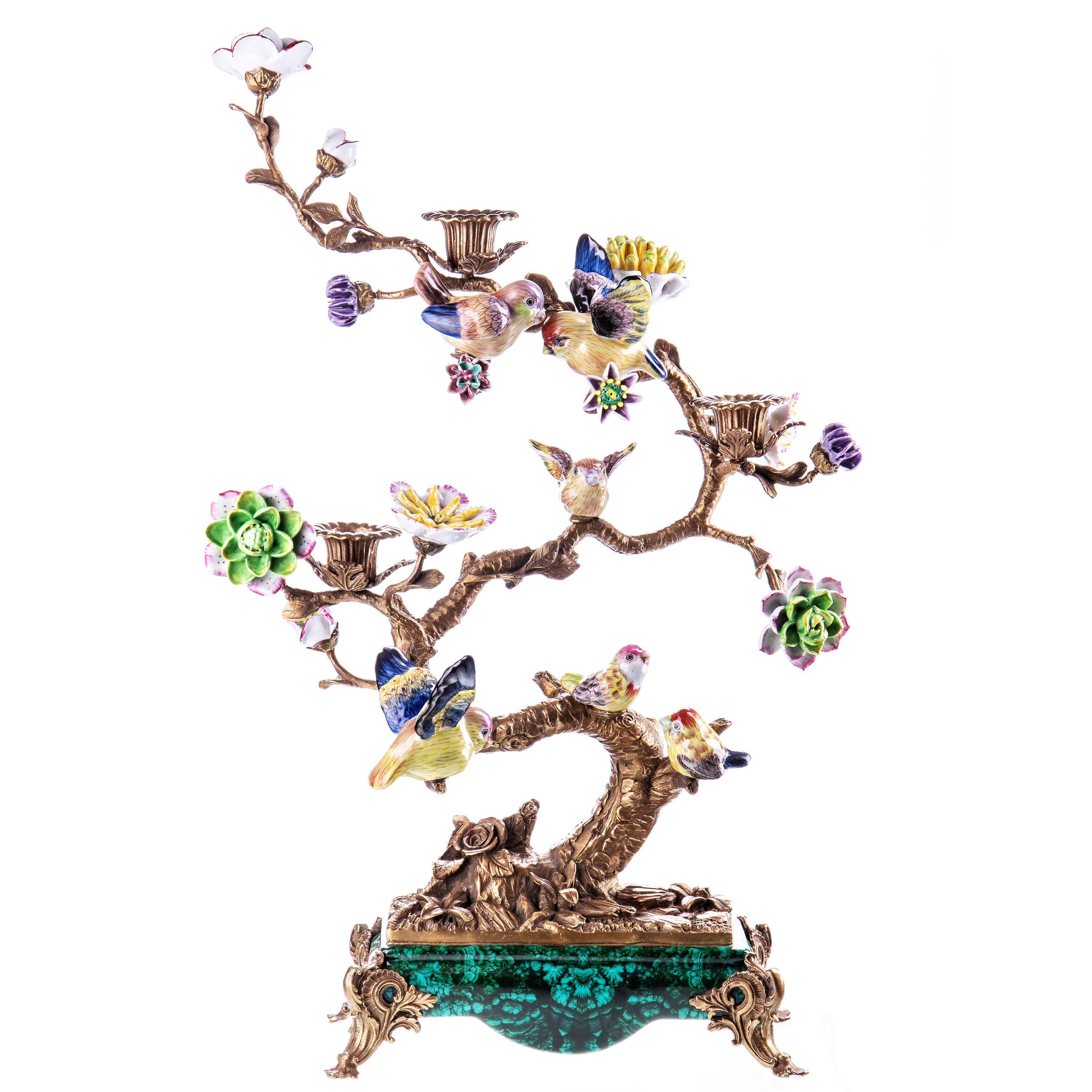 Prunkvoller grüner Kerzenhalter aus Bronze & Porzellan – Baum mit Vögeln & Blüten