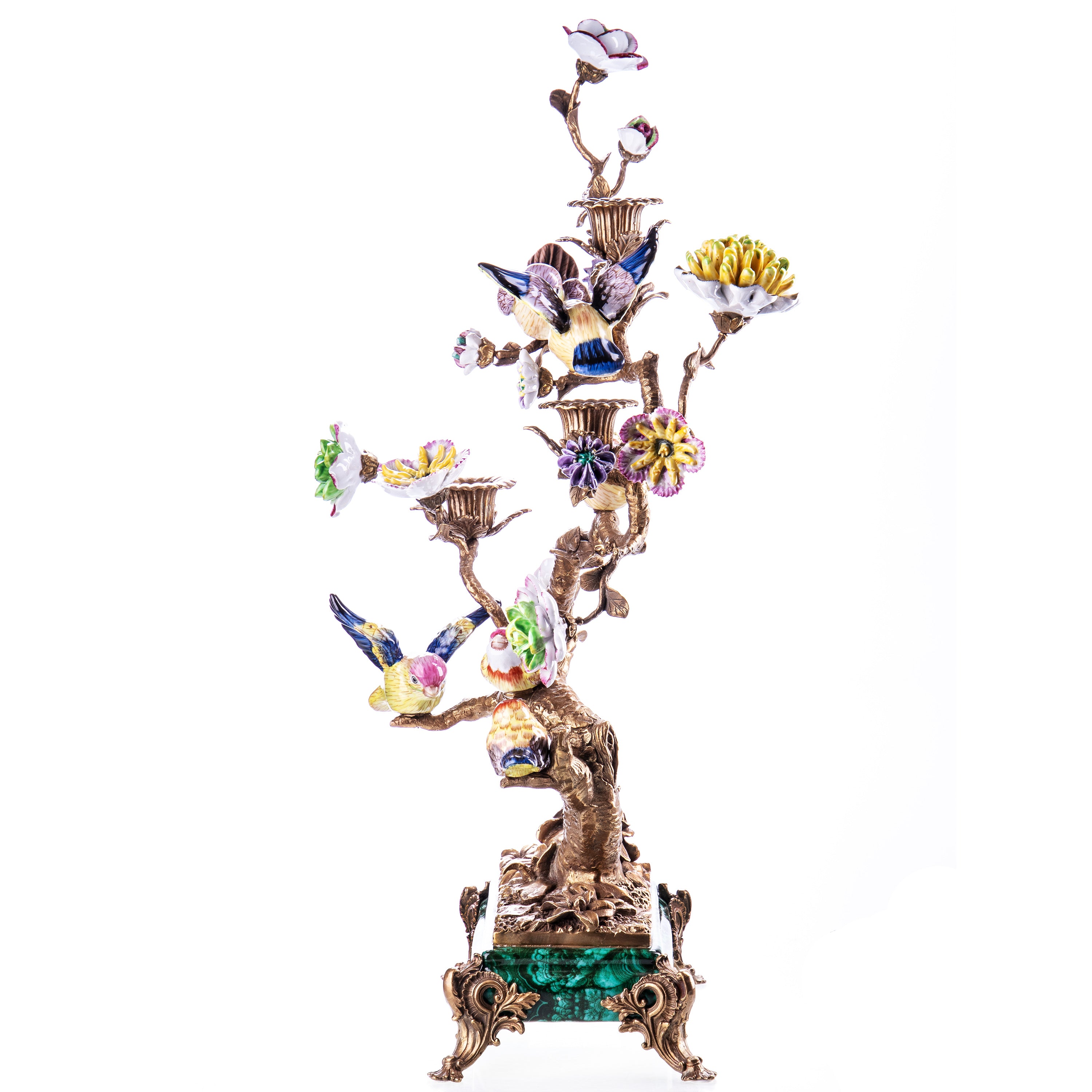 Prunkvoller grüner Kerzenhalter aus Bronze & Porzellan – Baum mit Vögeln & Blüten