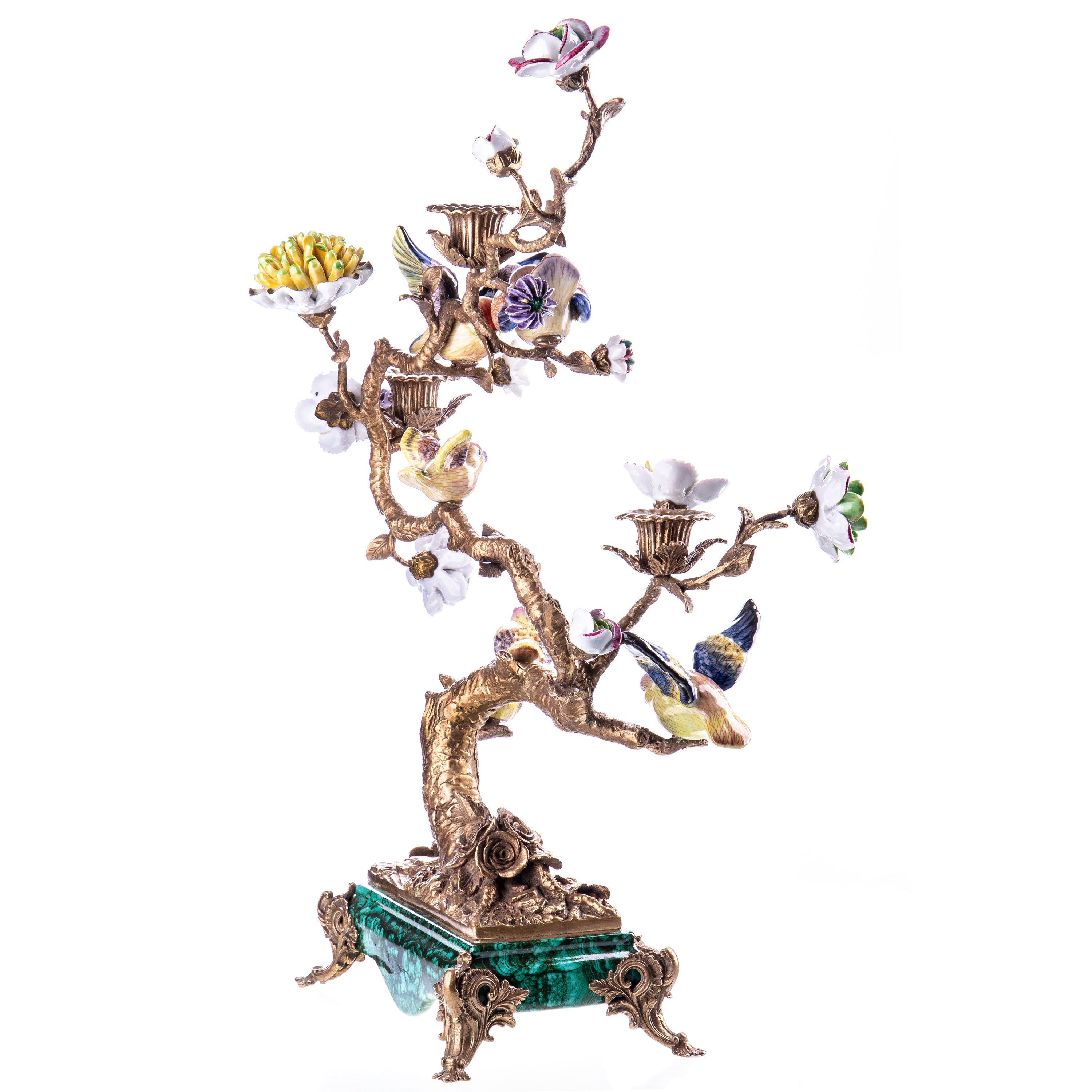 Prunkvoller grüner Kerzenhalter aus Bronze & Porzellan – Baum mit Vögeln & Blüten