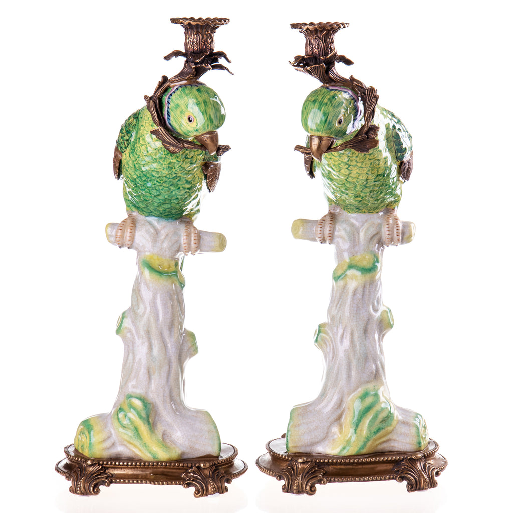 Kerzenhalter Set aus Porzellan & Bronze - Papageien Paar kunstvoller Stil
