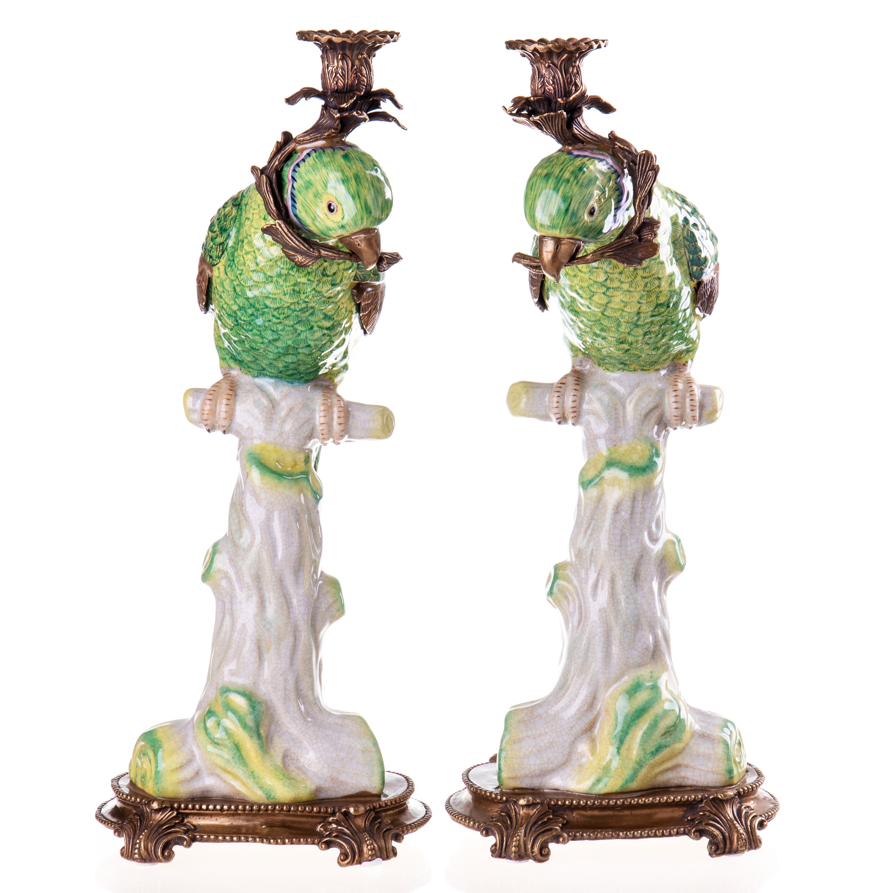 Kerzenhalter Set aus Porzellan & Bronze - Papageien Paar kunstvoller Stil