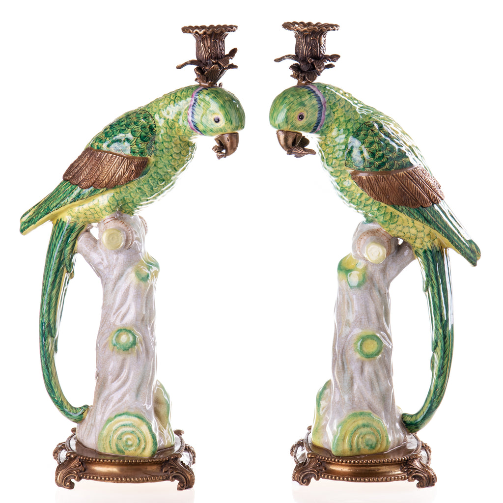 Kerzenhalter Set aus Porzellan & Bronze - Papageien Paar kunstvoller Stil