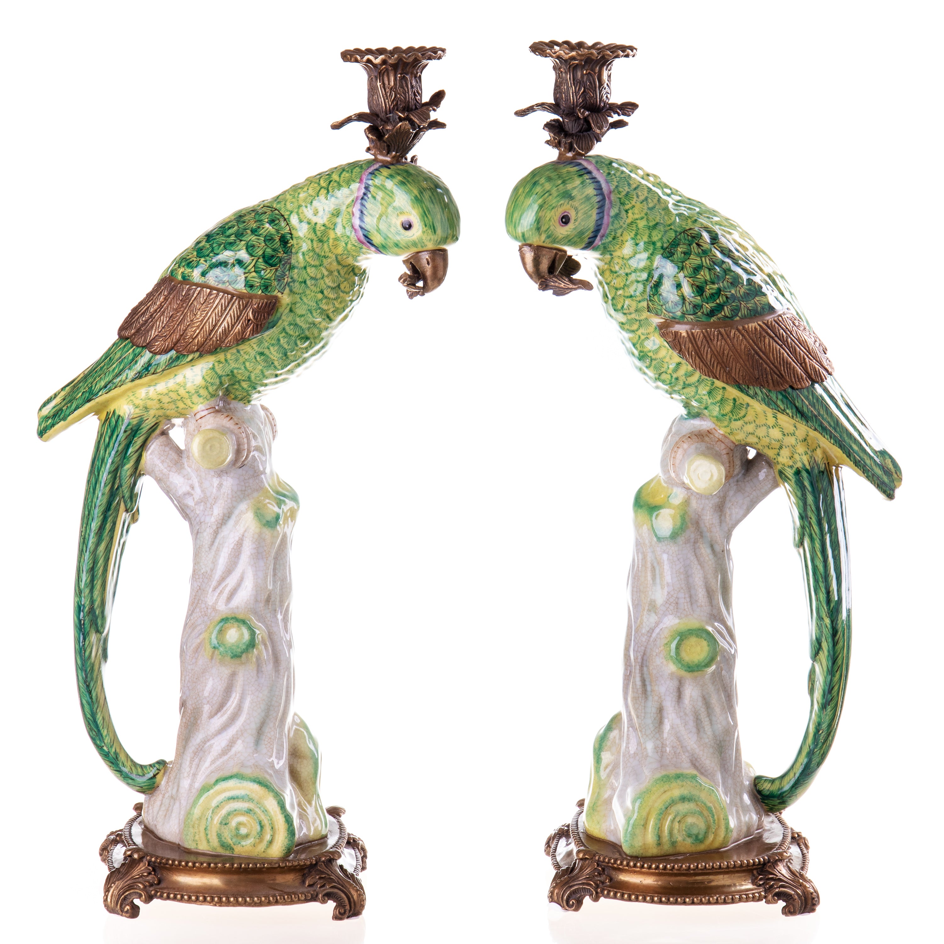 Kerzenhalter Set aus Porzellan & Bronze - Papageien Paar kunstvoller Stil