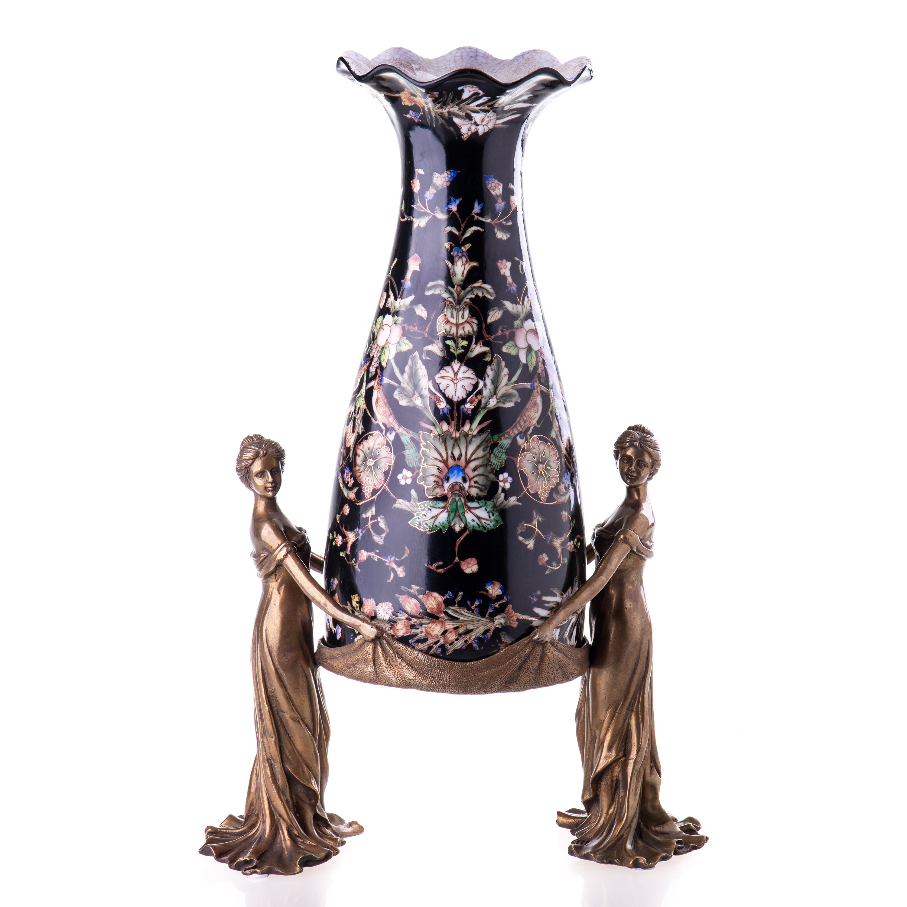 Vase aus Porzellan & Bronze getragen von Damenfiguren