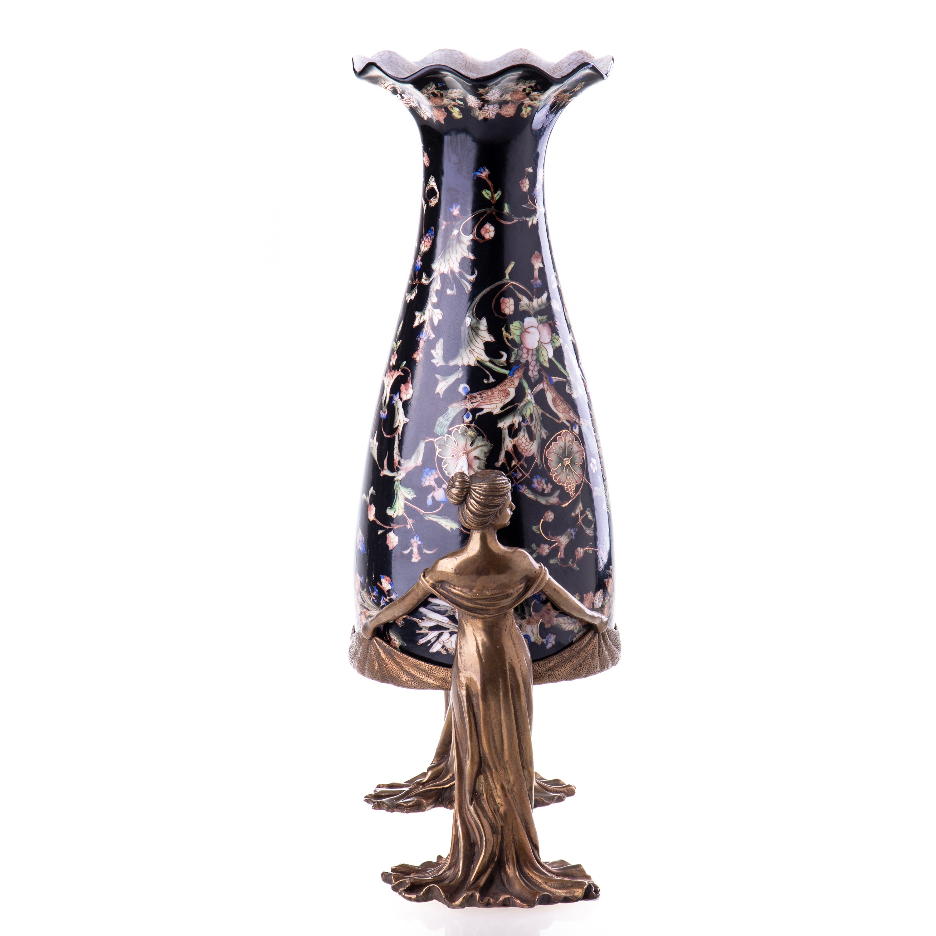 Vase aus Porzellan & Bronze getragen von Damenfiguren