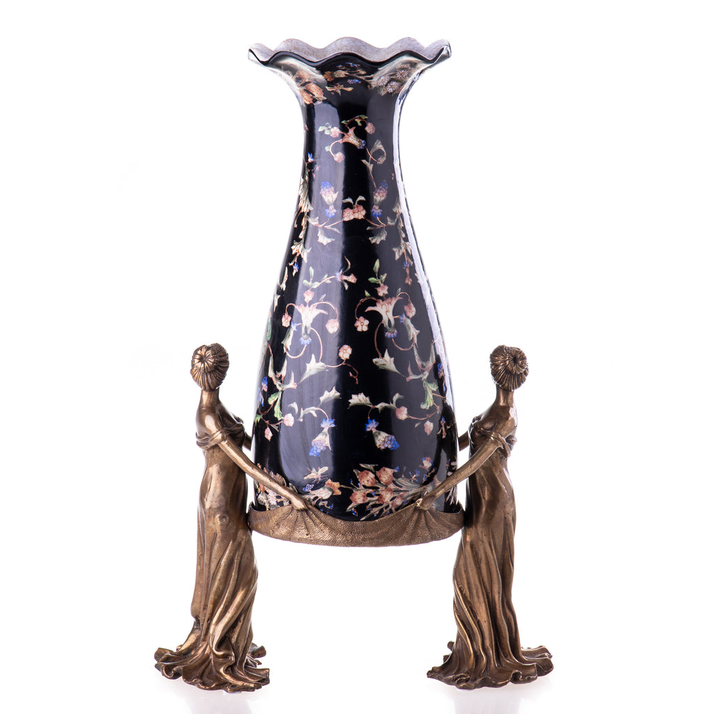 Vase aus Porzellan & Bronze getragen von Damenfiguren