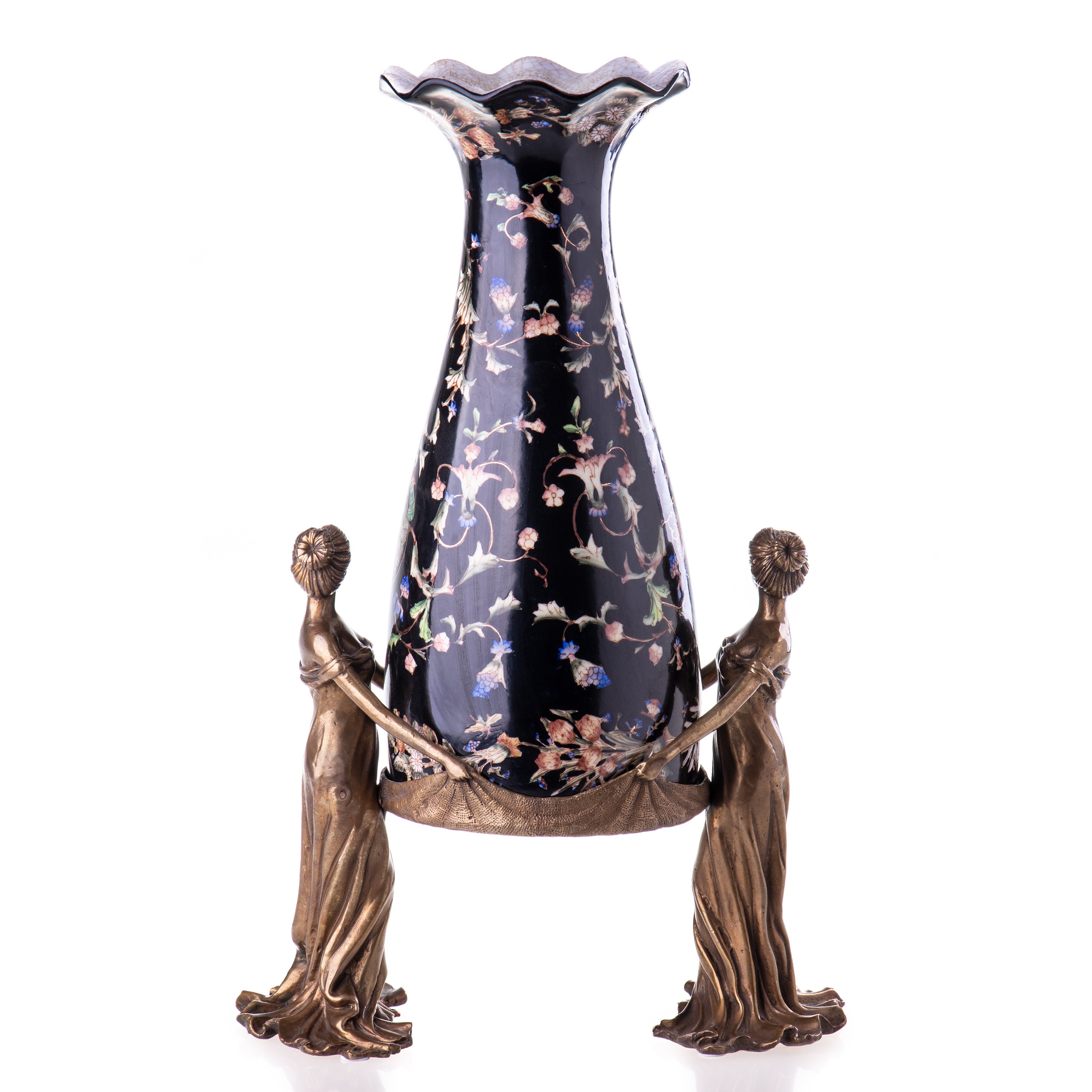 Vase aus Porzellan & Bronze getragen von Damenfiguren